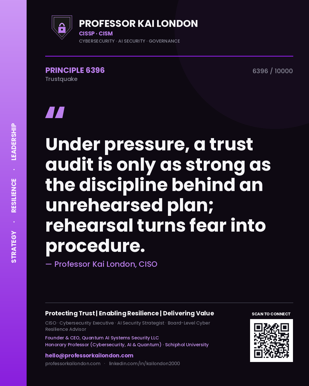 Quote card by Professor Kai London reading 'Under pressure, a trust audit is only as strong as the discipline behind an unrehearsed plan; rehearsal turns fear into procedure.'. From the book Trustquake.