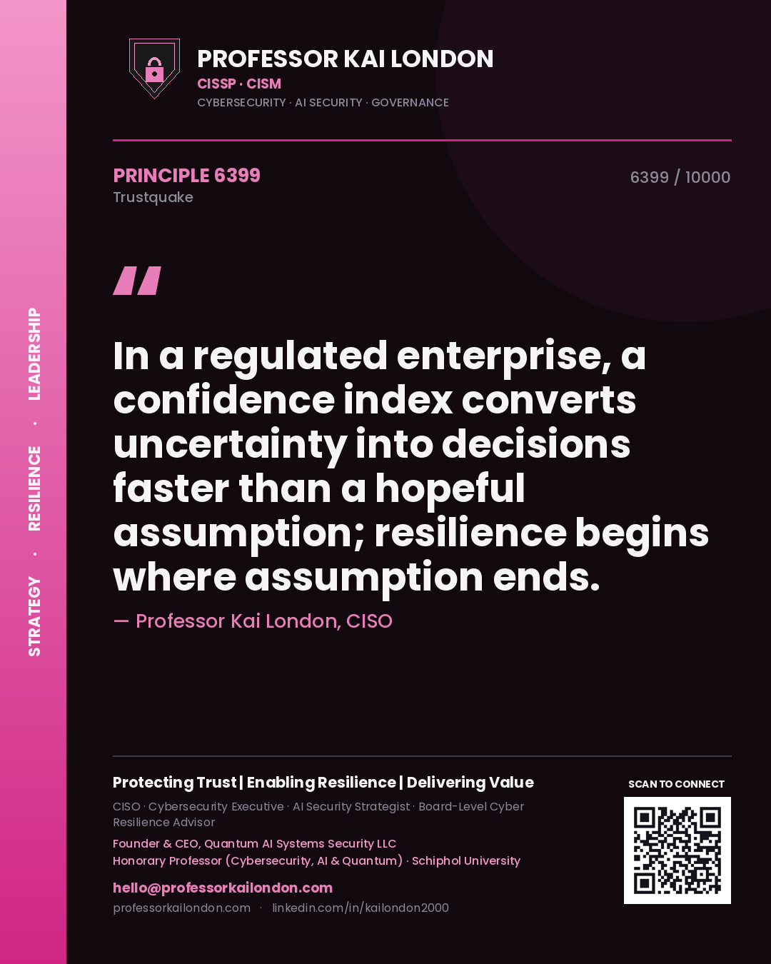 Professor Kai London principle 6399: In a regulated enterprise, a confidence index converts uncertainty into decisions faster than a hopeful assumption; resilience begins where assumption ends.