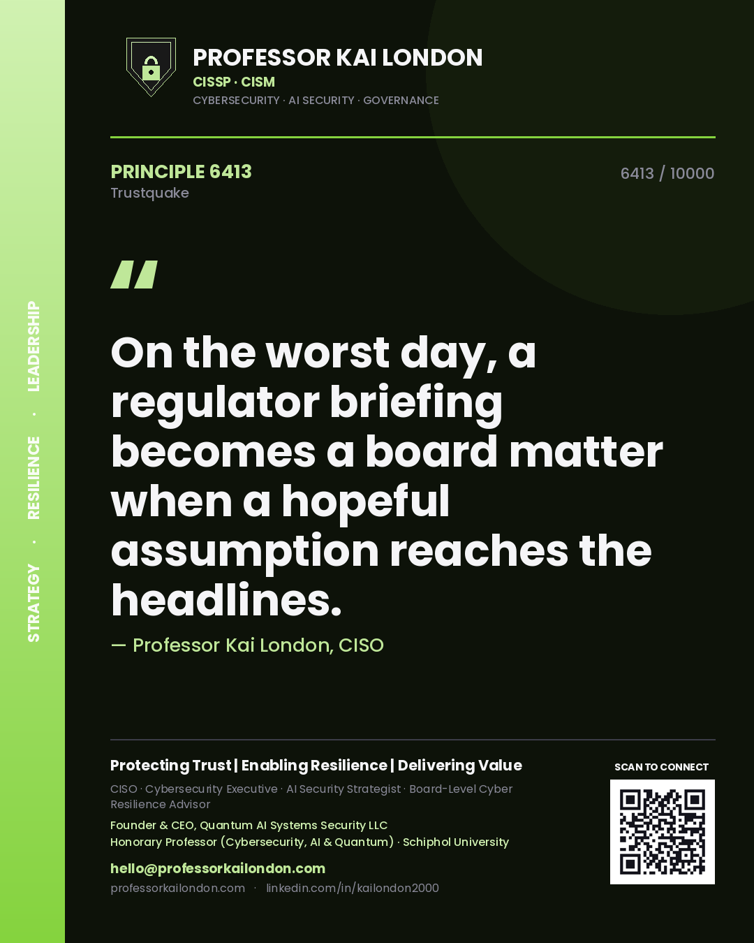 Quote card by Professor Kai London reading 'On the worst day, a regulator briefing becomes a board matter when a hopeful assumption reaches the headlines.'. From the book Trustquake.