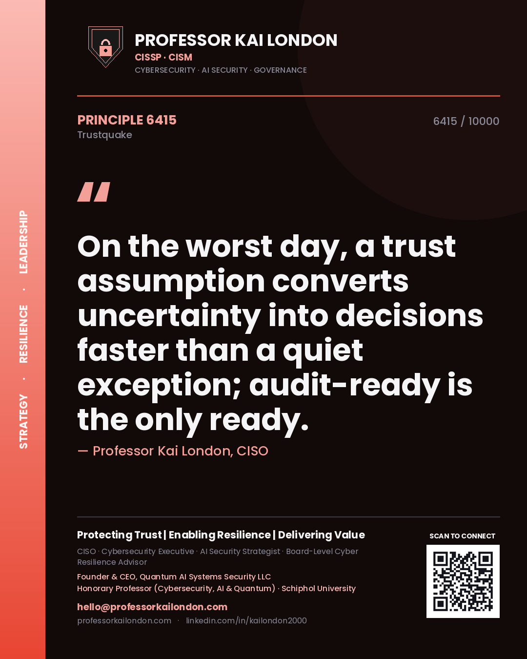 Quote card by Professor Kai London reading 'On the worst day, a trust assumption converts uncertainty into decisions faster than a quiet exception; audit-ready is the only ready.'. From the book Trustquake.