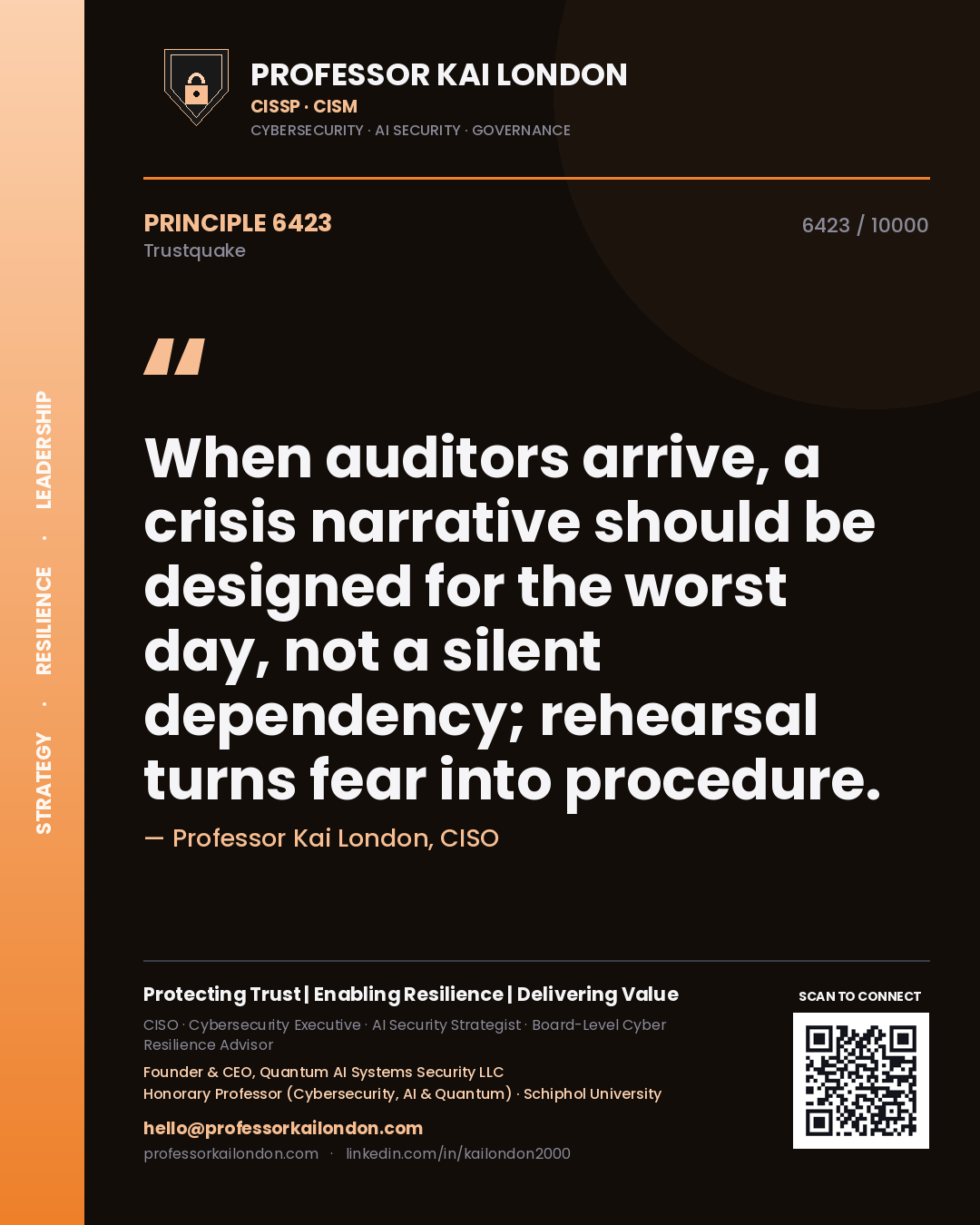 Quote card by Professor Kai London reading 'When auditors arrive, a crisis narrative should be designed for the worst day, not a silent dependency; rehearsal turns fear into procedure.'. From the book Trustquake.