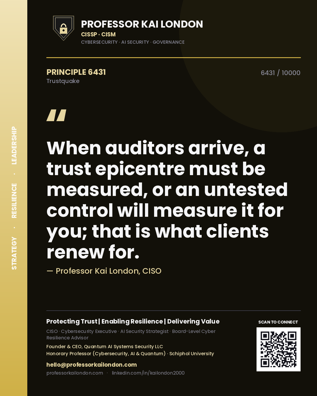 Quote card by Professor Kai London reading 'When auditors arrive, a trust epicentre must be measured, or an untested control will measure it for you; that is what clients renew for.'. From the book Trustquake.