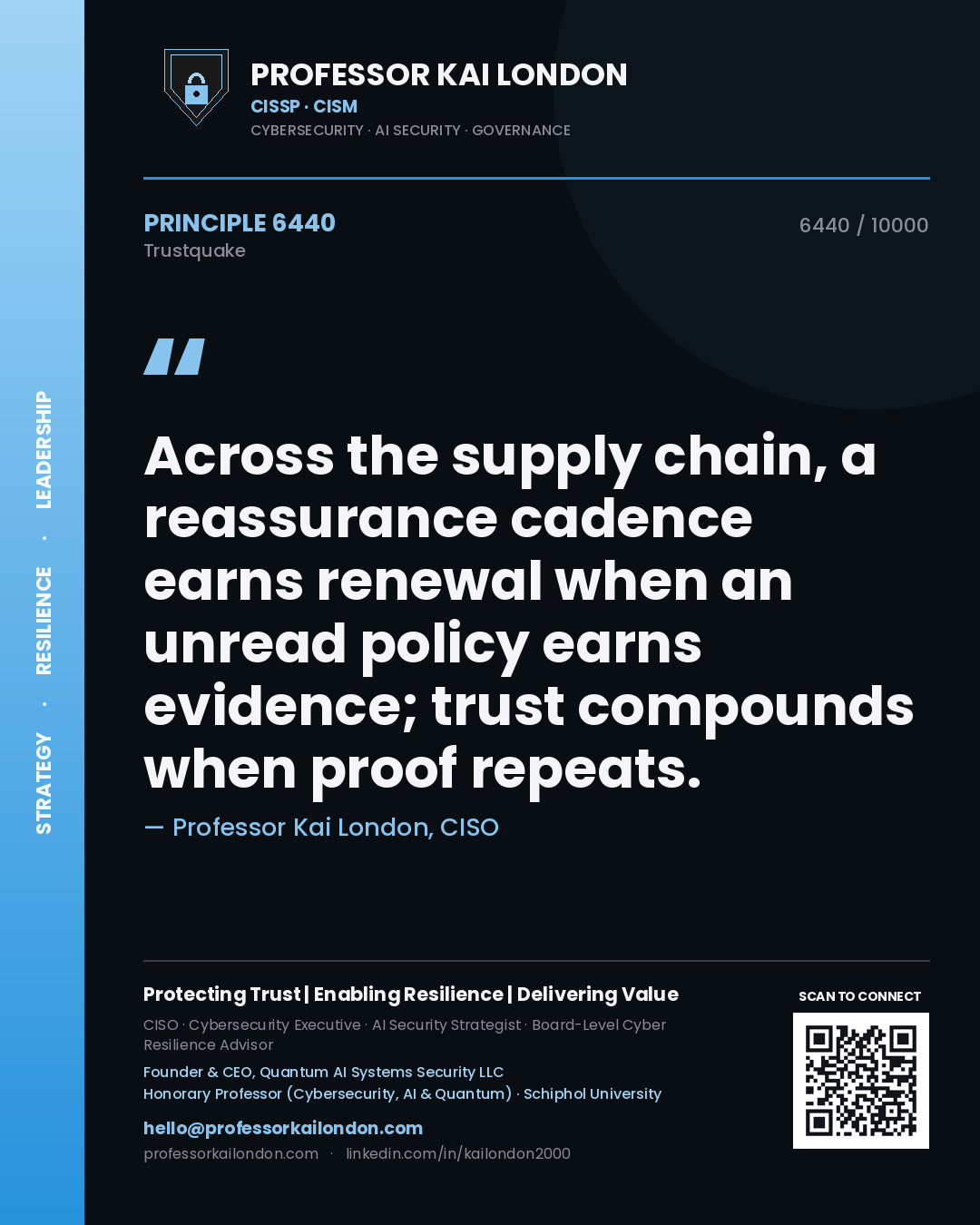 Quote card by Professor Kai London reading 'Across the supply chain, a reassurance cadence earns renewal when an unread policy earns evidence; trust compounds when proof repeats.'. From the book Trustquake.