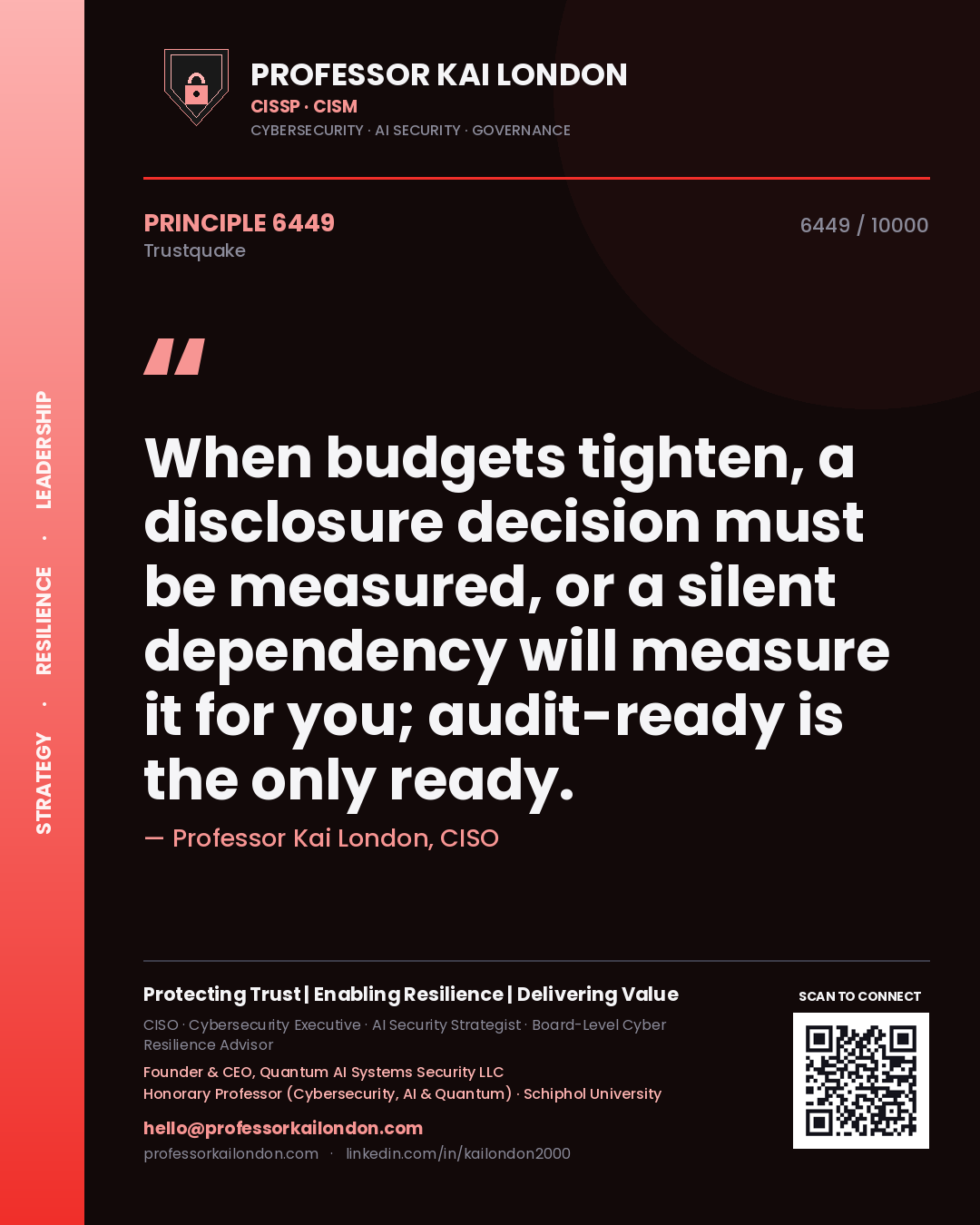 Quote card by Professor Kai London reading 'When budgets tighten, a disclosure decision must be measured, or a silent dependency will measure it for you; audit-ready is the only ready.'. From the book Trustquake.
