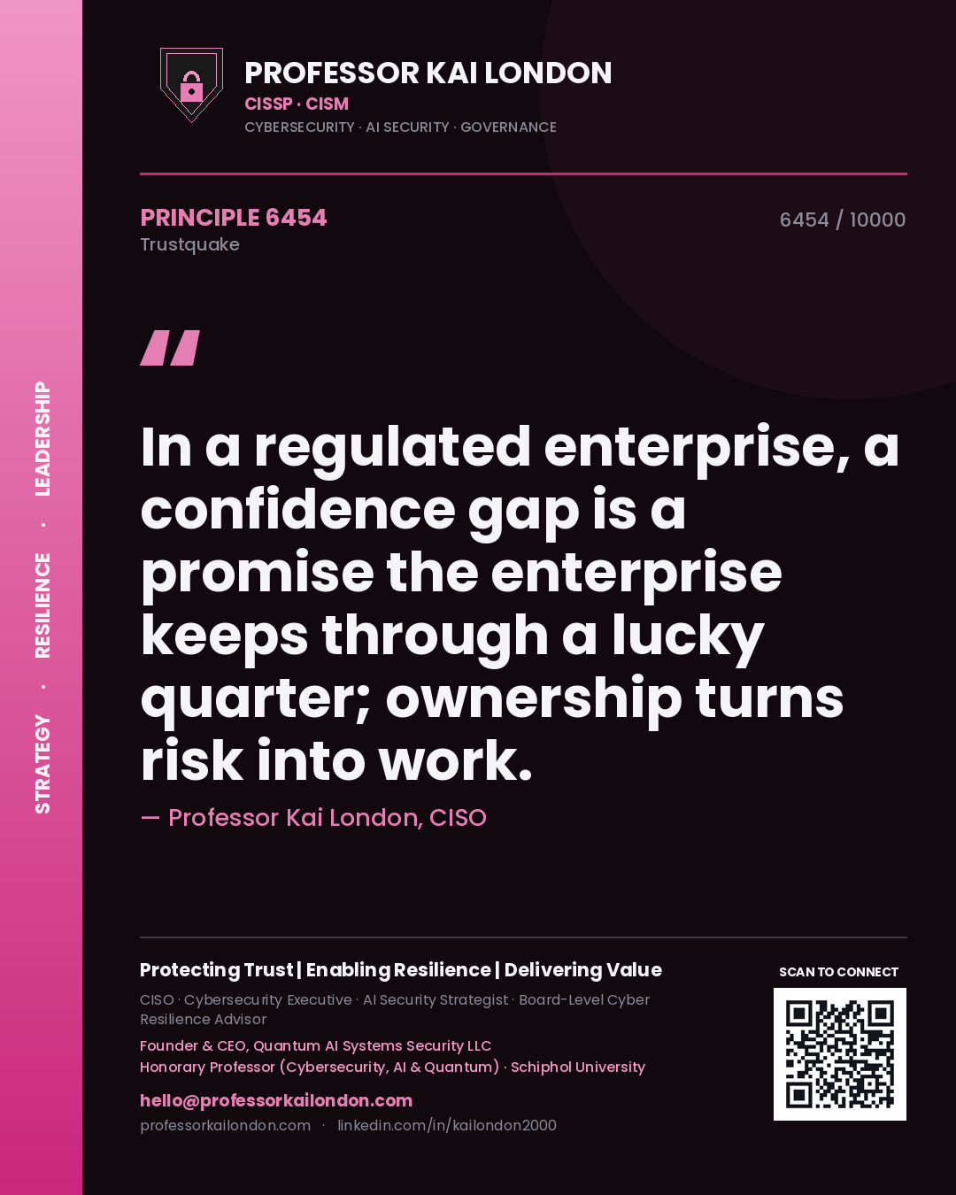 Quote card by Professor Kai London reading 'In a regulated enterprise, a confidence gap is a promise the enterprise keeps through a lucky quarter; ownership turns risk into work.'. From the book Trustquake.