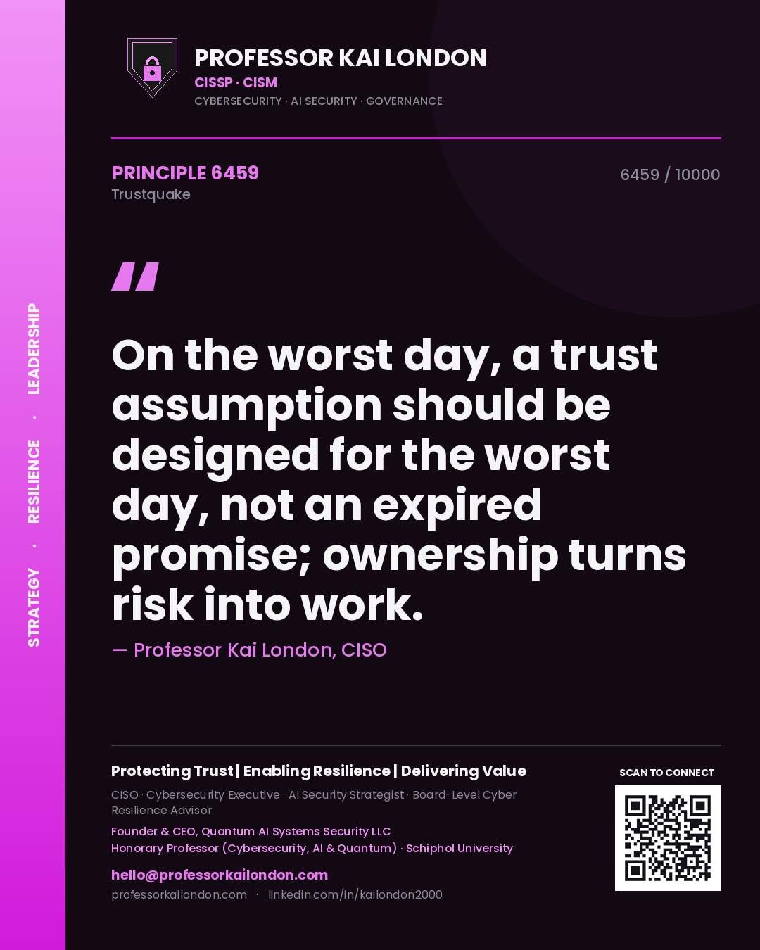 Quote card by Professor Kai London reading 'On the worst day, a trust assumption should be designed for the worst day, not an expired promise; ownership turns risk into work.'. From the book Trustquake.