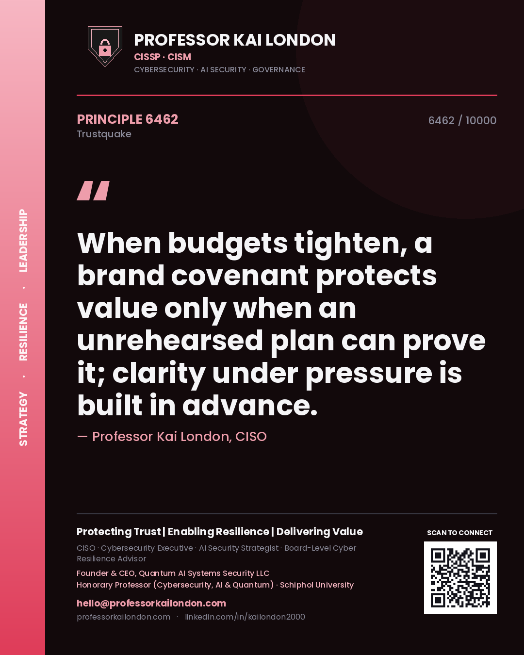Quote card by Professor Kai London reading 'When budgets tighten, a brand covenant protects value only when an unrehearsed plan can prove it; clarity under pressure is built in advance.'. From the book Trustquake.
