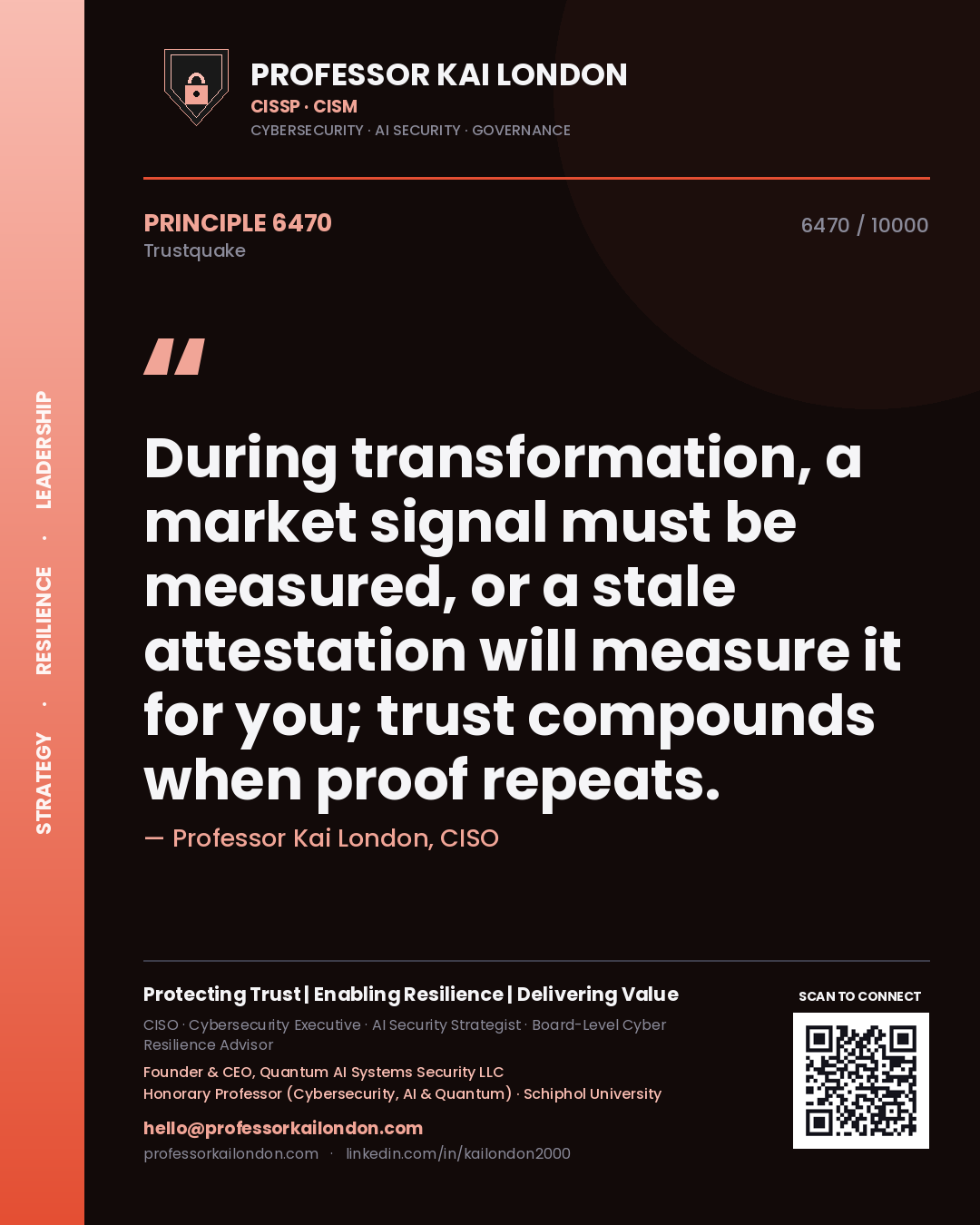 Quote card by Professor Kai London reading 'During transformation, a market signal must be measured, or a stale attestation will measure it for you; trust compounds when proof repeats.'. From the book Trustquake.
