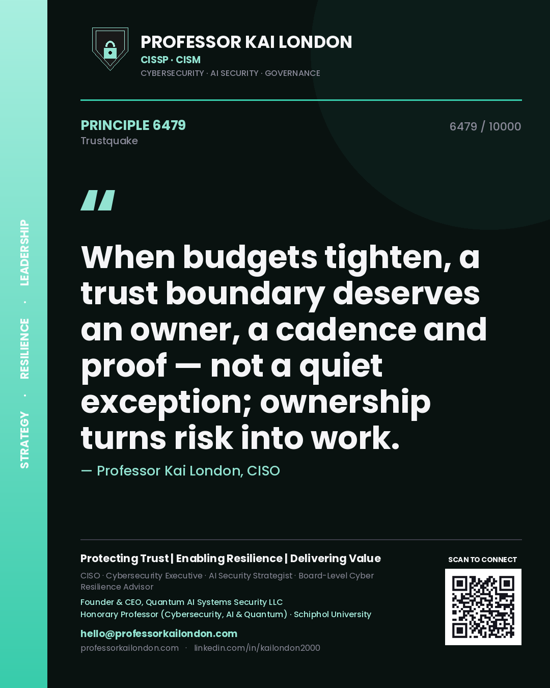 Quote card by Professor Kai London reading 'When budgets tighten, a trust boundary deserves an owner, a cadence and proof — not a quiet exception; ownership turns risk into work.'. From the book Trustquake.