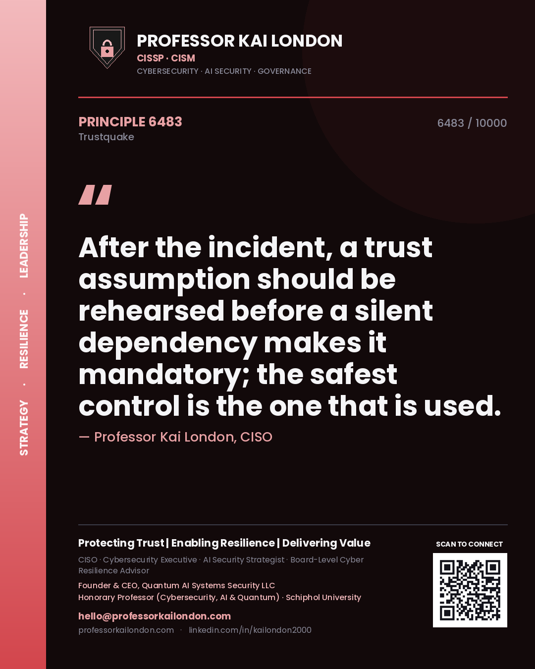 Quote card by Professor Kai London reading 'After the incident, a trust assumption should be rehearsed before a silent dependency makes it mandatory; the safest control is the one that is used.'. From the book Trustquake.