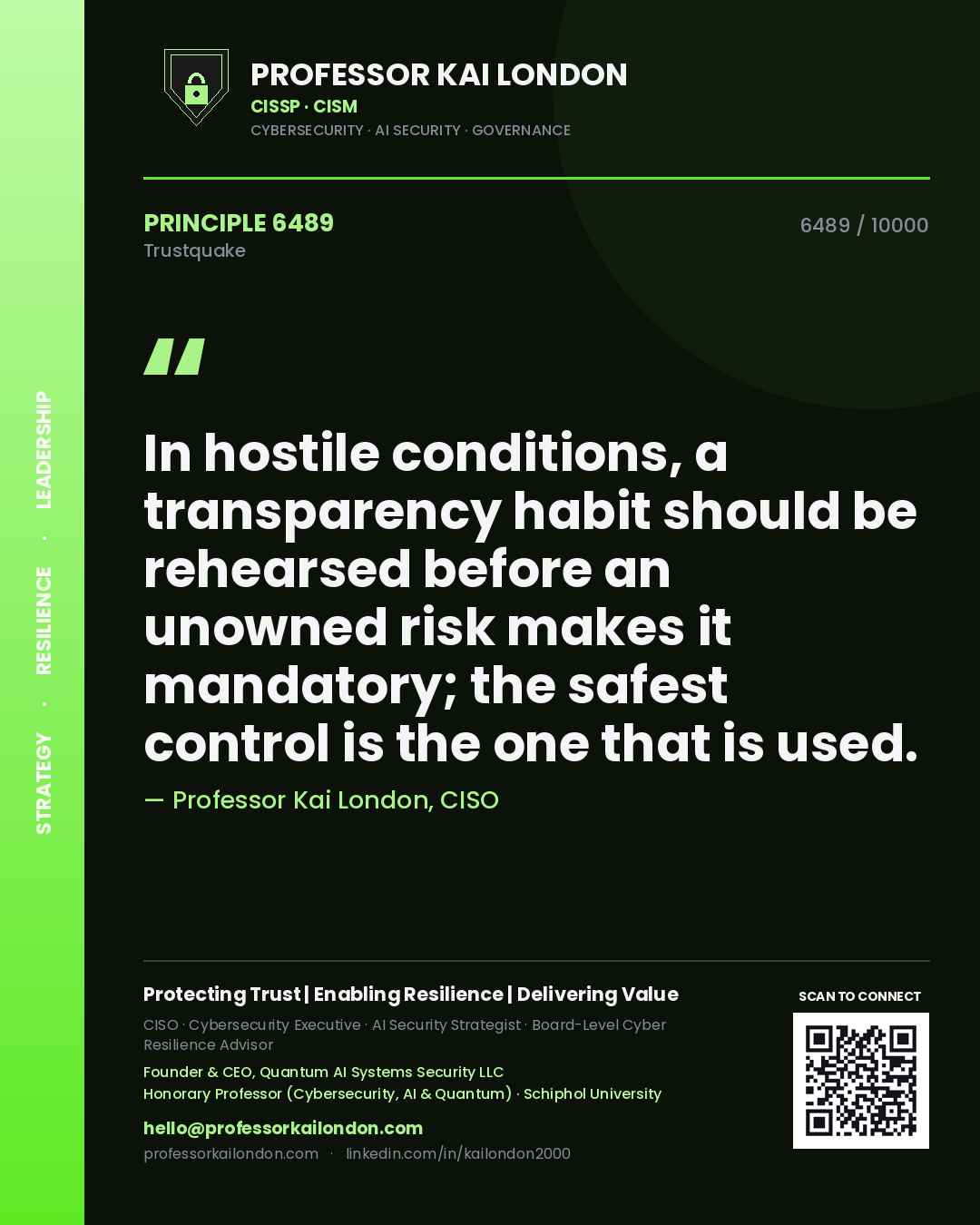 Quote card by Professor Kai London reading 'In hostile conditions, a transparency habit should be rehearsed before an unowned risk makes it mandatory; the safest control is the one that is used.'. From the book Trustquake.
