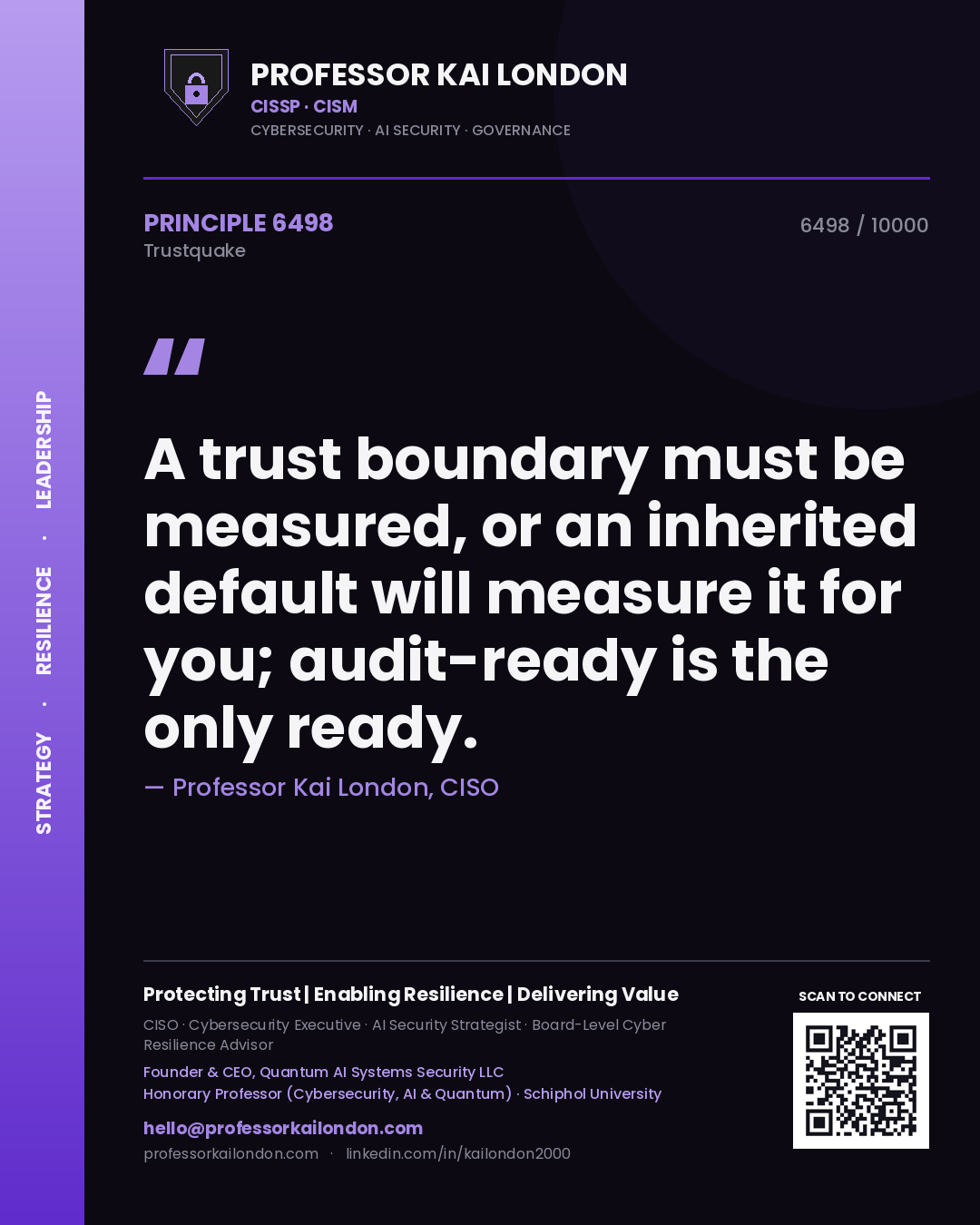 Quote card by Professor Kai London reading 'A trust boundary must be measured, or an inherited default will measure it for you; audit-ready is the only ready.'. From the book Trustquake.