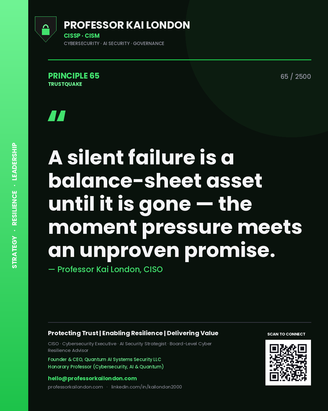 Quote card by Professor Kai London reading 'A silent failure is a balance-sheet asset until it is gone — the moment pressure meets an unproven promise.'. From the book Trustquake.