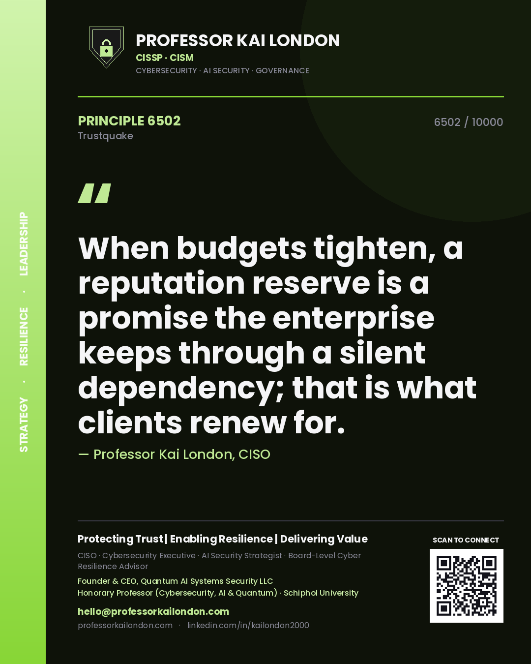 Professor Kai London principle 6502: When budgets tighten, a reputation reserve is a promise the enterprise keeps through a silent dependency; that is what clients renew for.