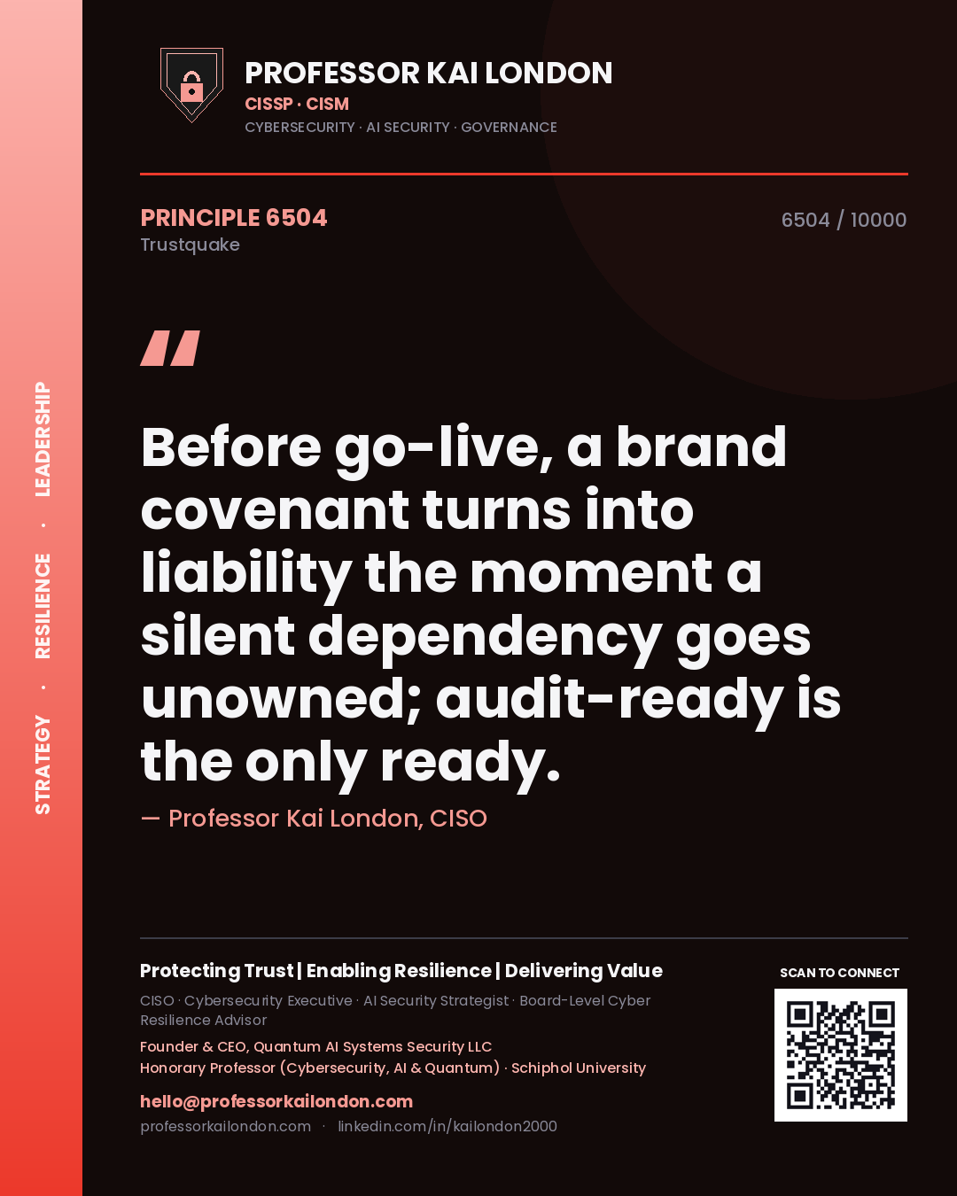 Professor Kai London principle 6504: Before go-live, a brand covenant turns into liability the moment a silent dependency goes unowned; audit-ready is the only ready.