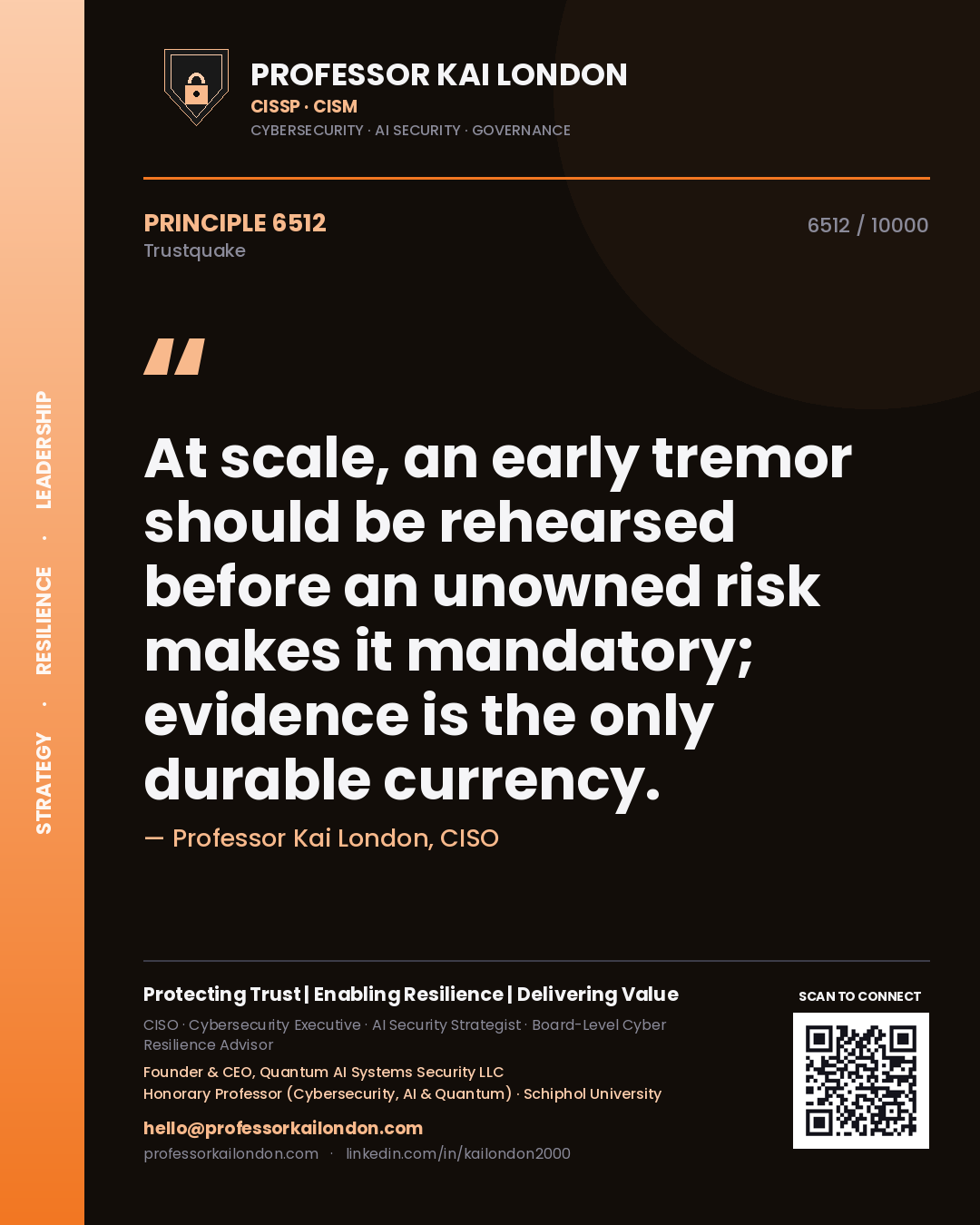 Quote card by Professor Kai London reading 'At scale, an early tremor should be rehearsed before an unowned risk makes it mandatory; evidence is the only durable currency.'. From the book Trustquake.