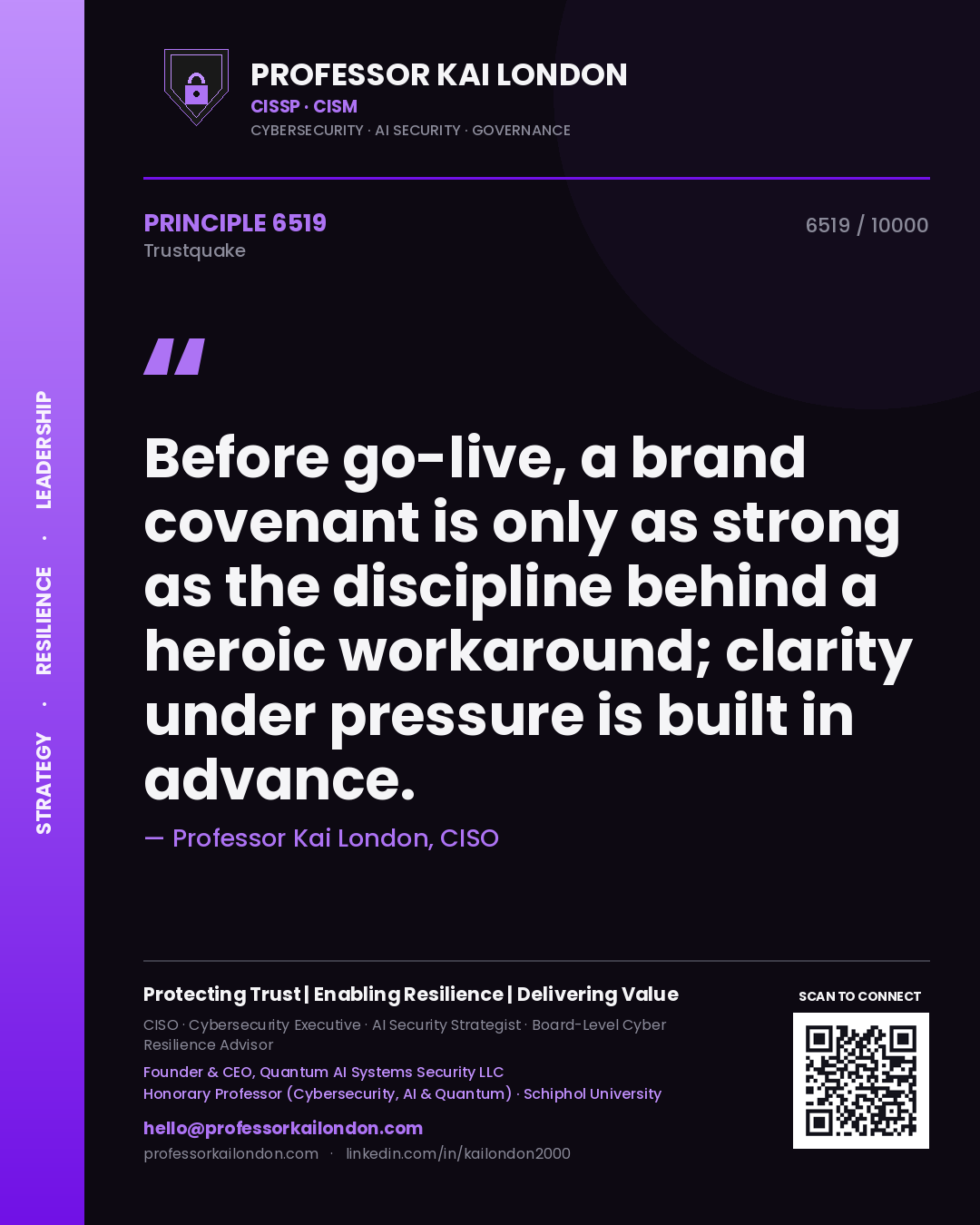 Professor Kai London principle 6519: Before go-live, a brand covenant is only as strong as the discipline behind a heroic workaround; clarity under pressure is built in advance.