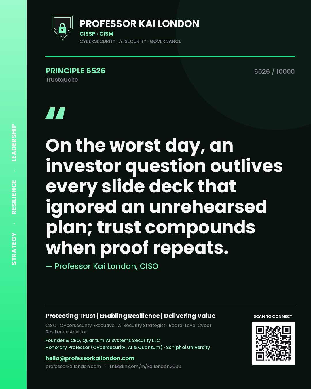 Professor Kai London principle 6526: On the worst day, an investor question outlives every slide deck that ignored an unrehearsed plan; trust compounds when proof repeats.