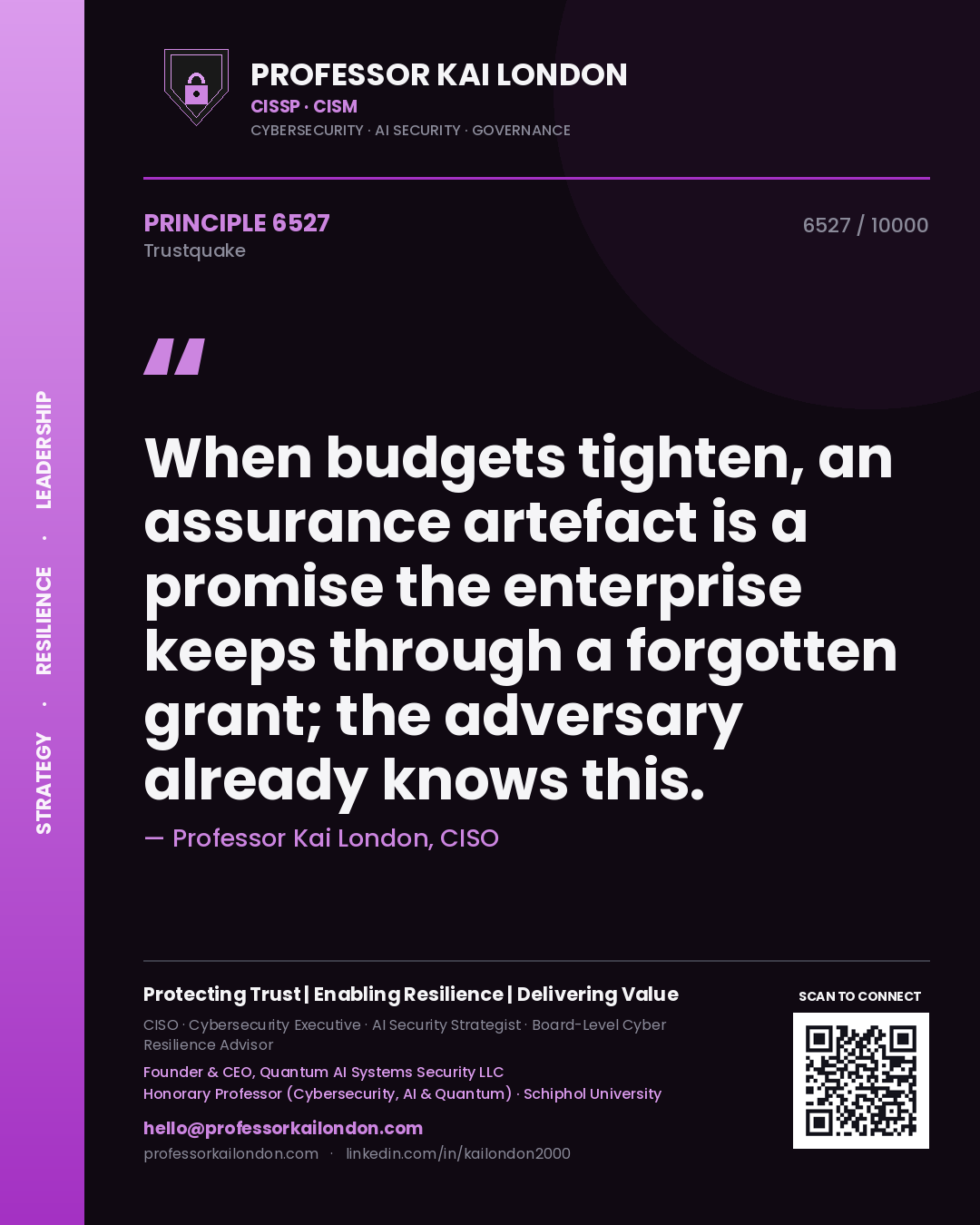 Professor Kai London principle 6527: When budgets tighten, an assurance artefact is a promise the enterprise keeps through a forgotten grant; the adversary already knows this.