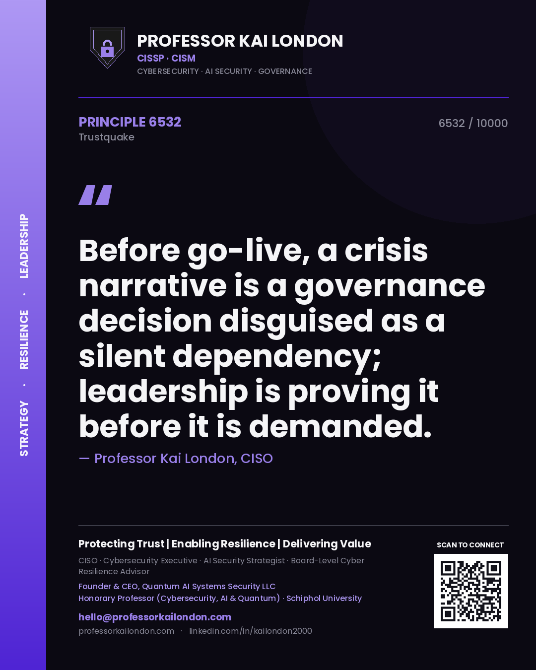 Professor Kai London principle 6532: Before go-live, a crisis narrative is a governance decision disguised as a silent dependency; leadership is proving it before it is demanded.