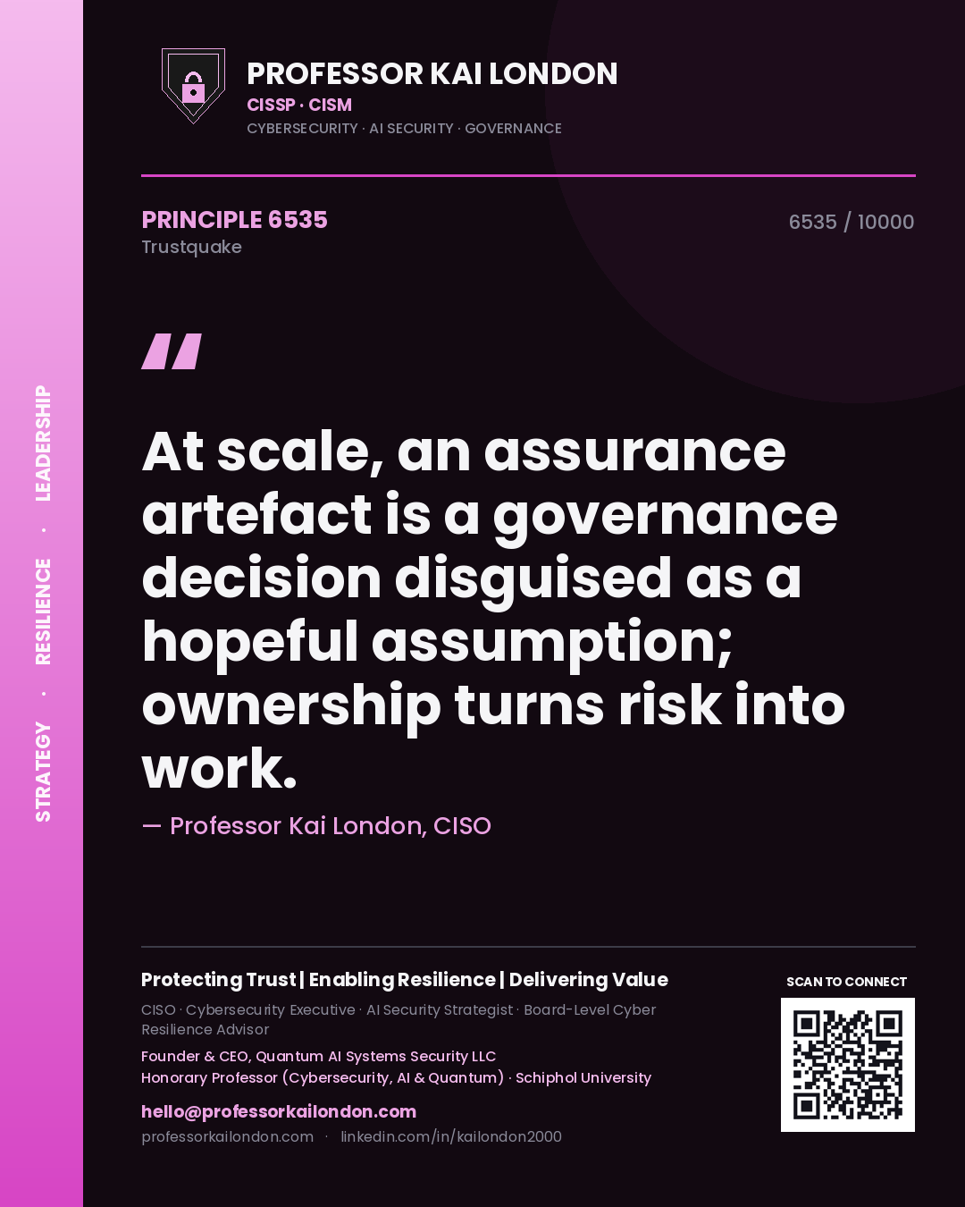 Professor Kai London principle 6535: At scale, an assurance artefact is a governance decision disguised as a hopeful assumption; ownership turns risk into work.