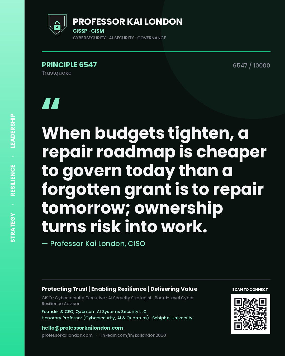 Professor Kai London principle 6547: When budgets tighten, a repair roadmap is cheaper to govern today than a forgotten grant is to repair tomorrow; ownership turns risk into work.