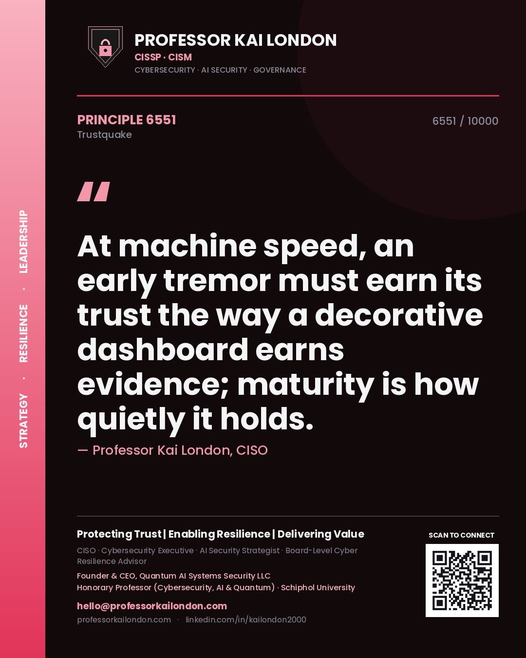 Professor Kai London principle 6551: At machine speed, an early tremor must earn its trust the way a decorative dashboard earns evidence; maturity is how quietly it holds.