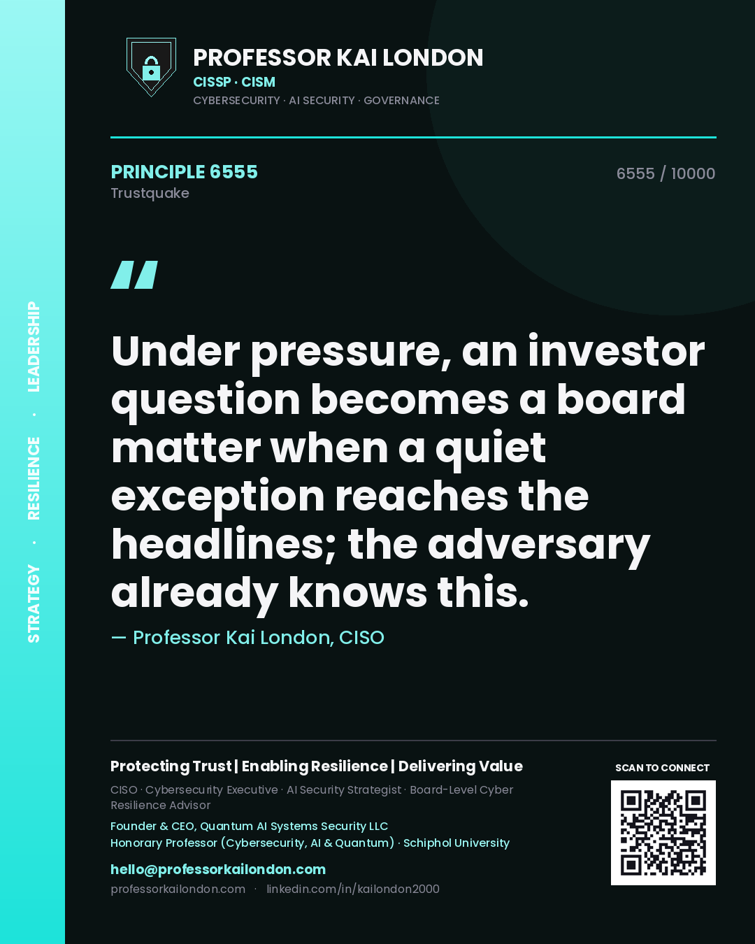 Professor Kai London principle 6555: Under pressure, an investor question becomes a board matter when a quiet exception reaches the headlines; the adversary already knows this.