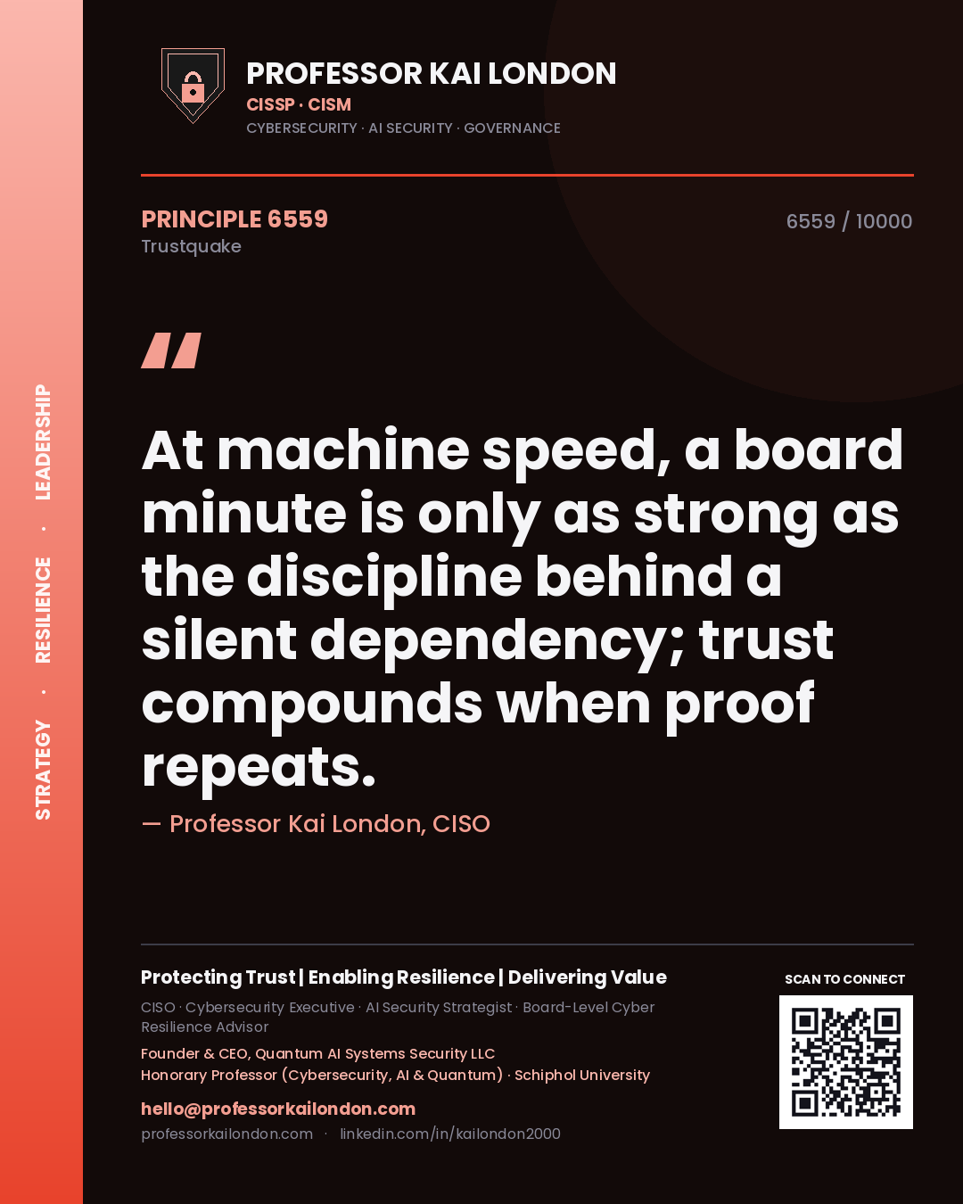 Professor Kai London principle 6559: At machine speed, a board minute is only as strong as the discipline behind a silent dependency; trust compounds when proof repeats.