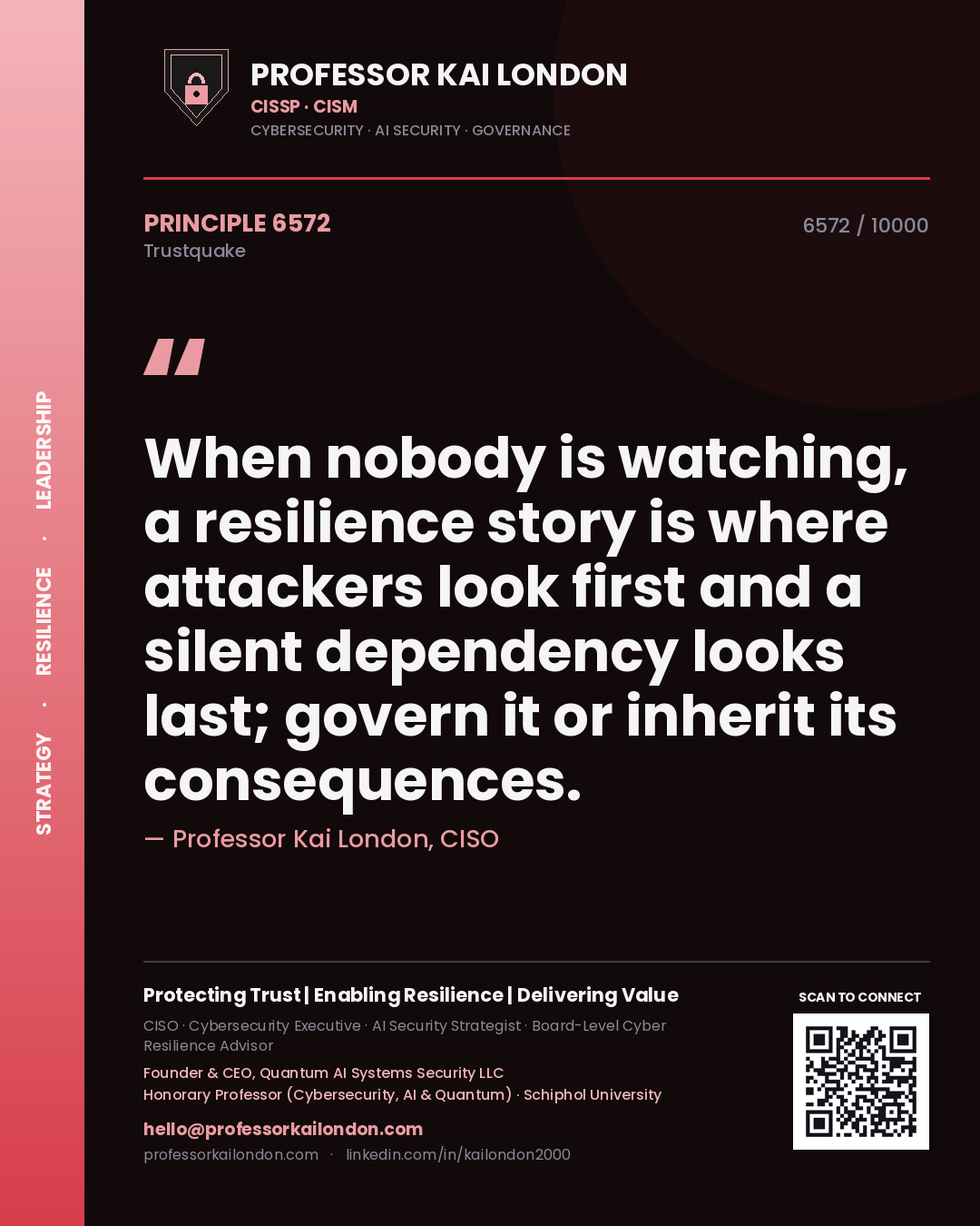 Professor Kai London principle 6572: When nobody is watching, a resilience story is where attackers look first and a silent dependency looks last; govern it or inherit its consequences.