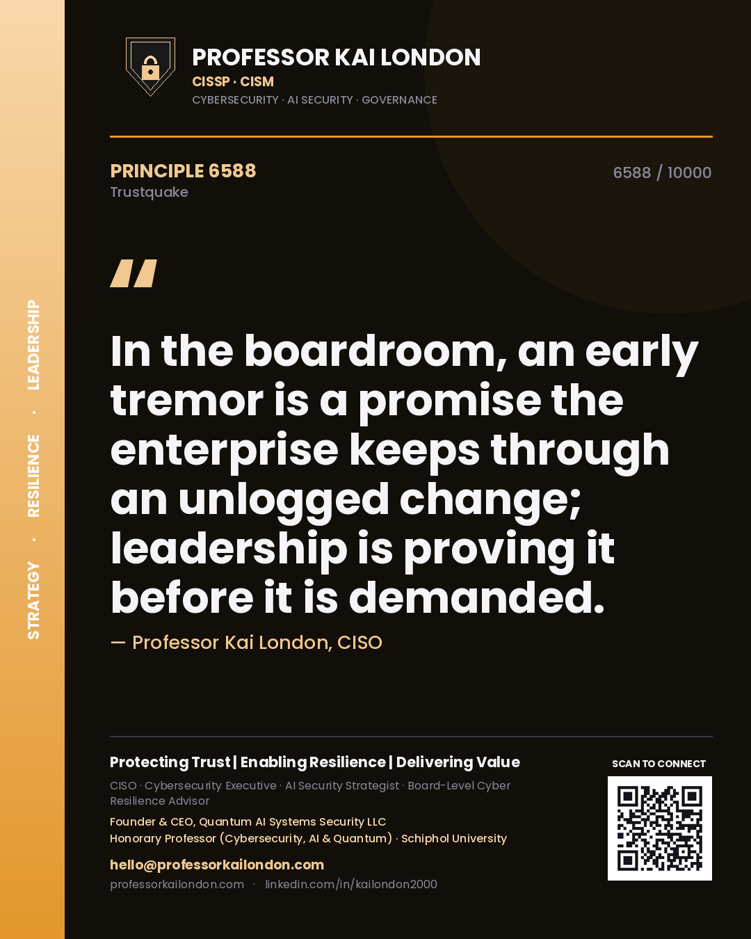 Professor Kai London principle 6588: In the boardroom, an early tremor is a promise the enterprise keeps through an unlogged change; leadership is proving it before it is demanded.