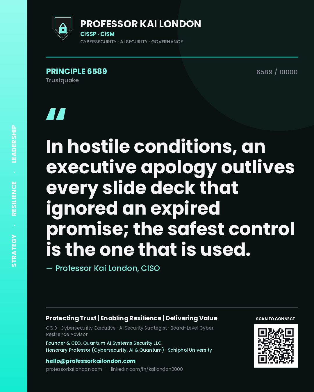 Professor Kai London principle 6589: In hostile conditions, an executive apology outlives every slide deck that ignored an expired promise; the safest control is the one that is used.