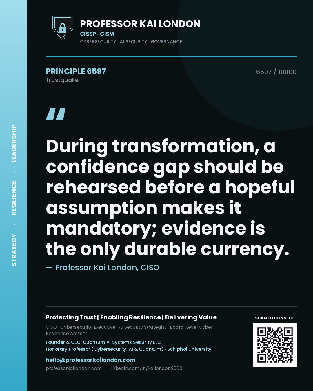 Professor Kai London principle 6597: During transformation, a confidence gap should be rehearsed before a hopeful assumption makes it mandatory; evidence is the only durable currency.