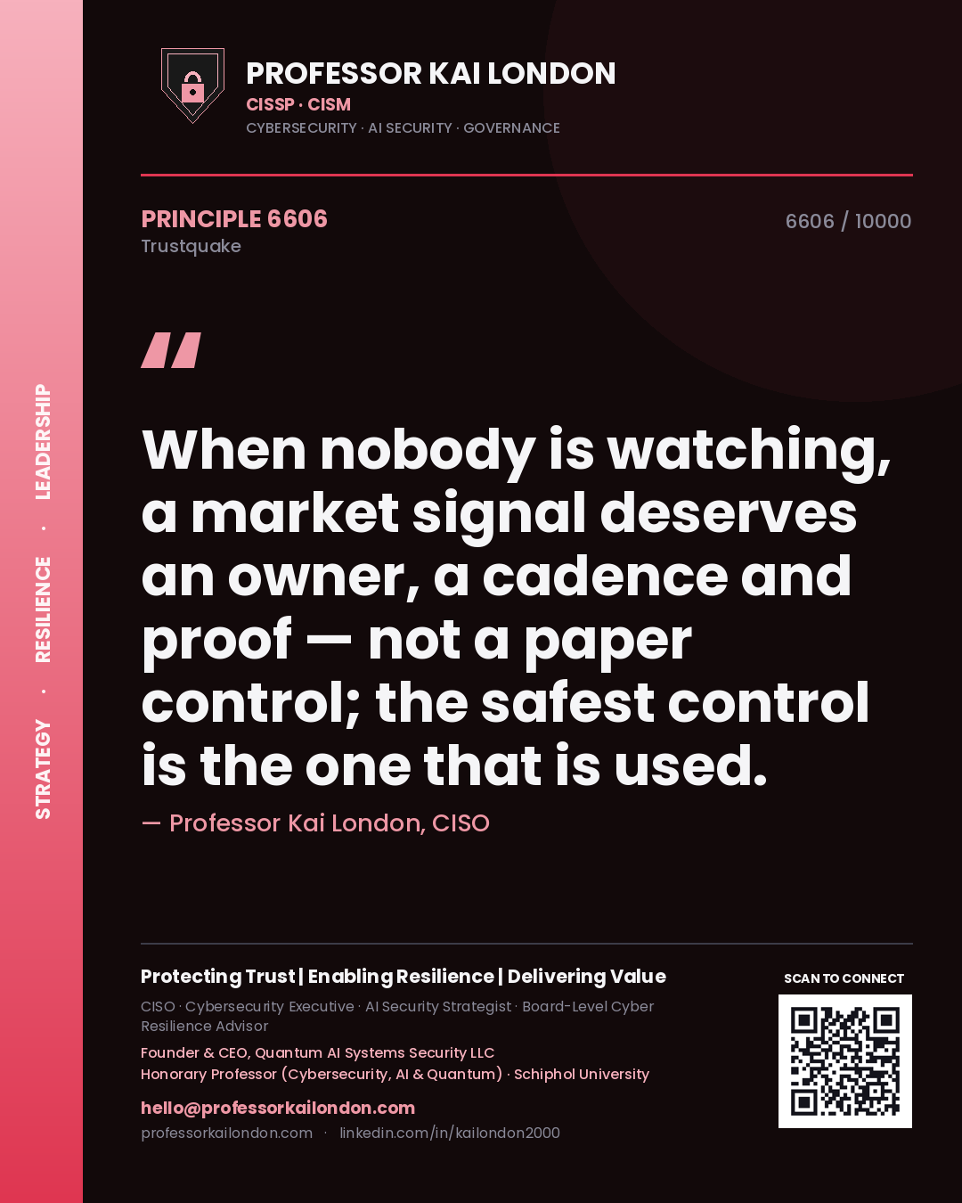 Professor Kai London principle 6606: When nobody is watching, a market signal deserves an owner, a cadence and proof — not a paper control; the safest control is the one that is used.