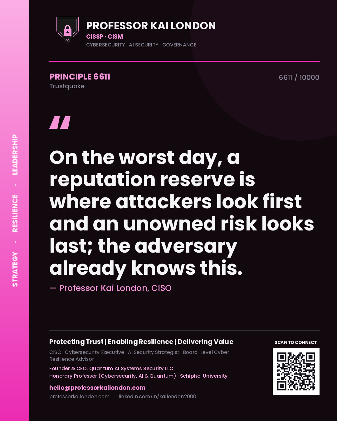 Professor Kai London principle 6611: On the worst day, a reputation reserve is where attackers look first and an unowned risk looks last; the adversary already knows this.