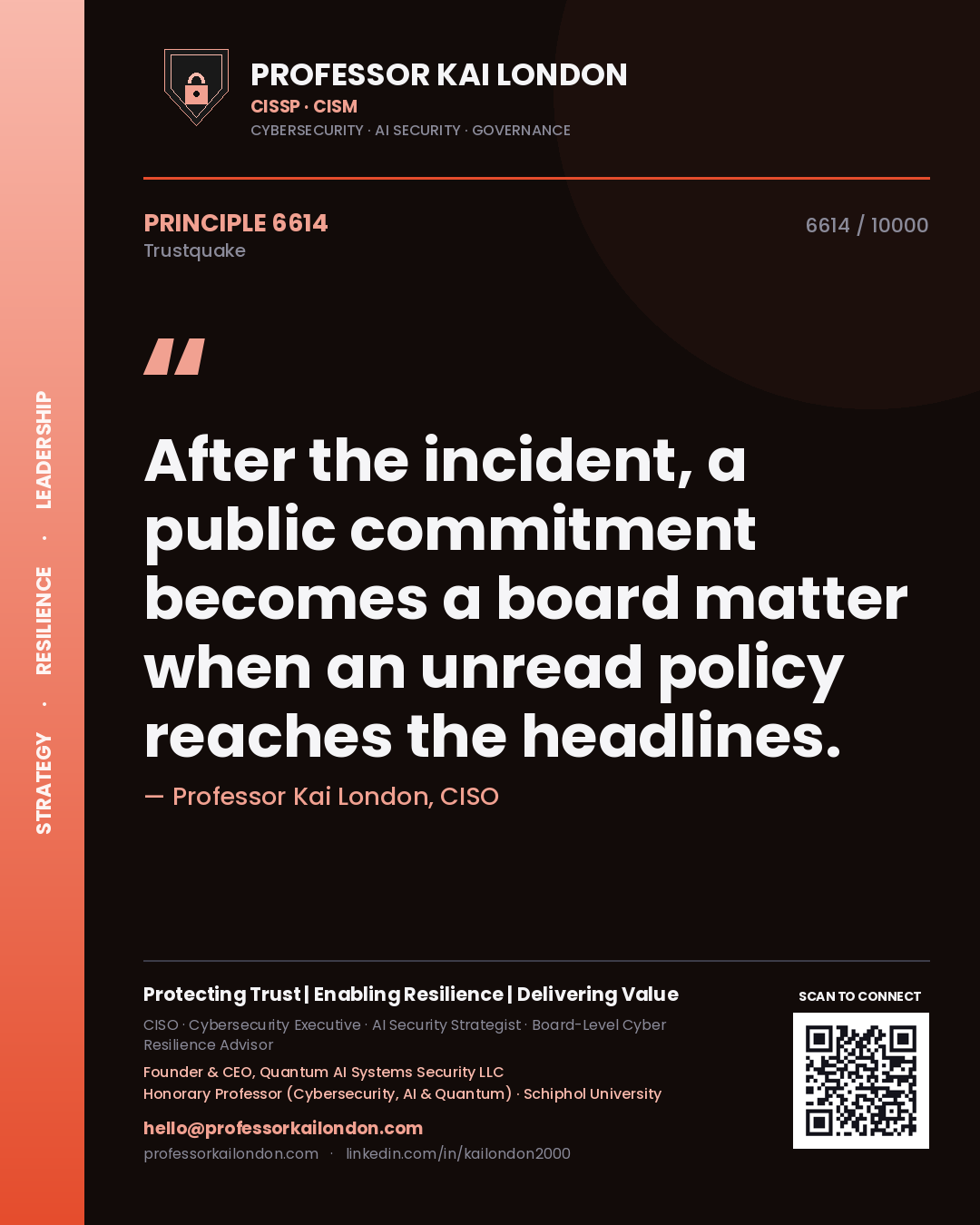 Professor Kai London principle 6614: After the incident, a public commitment becomes a board matter when an unread policy reaches the headlines.