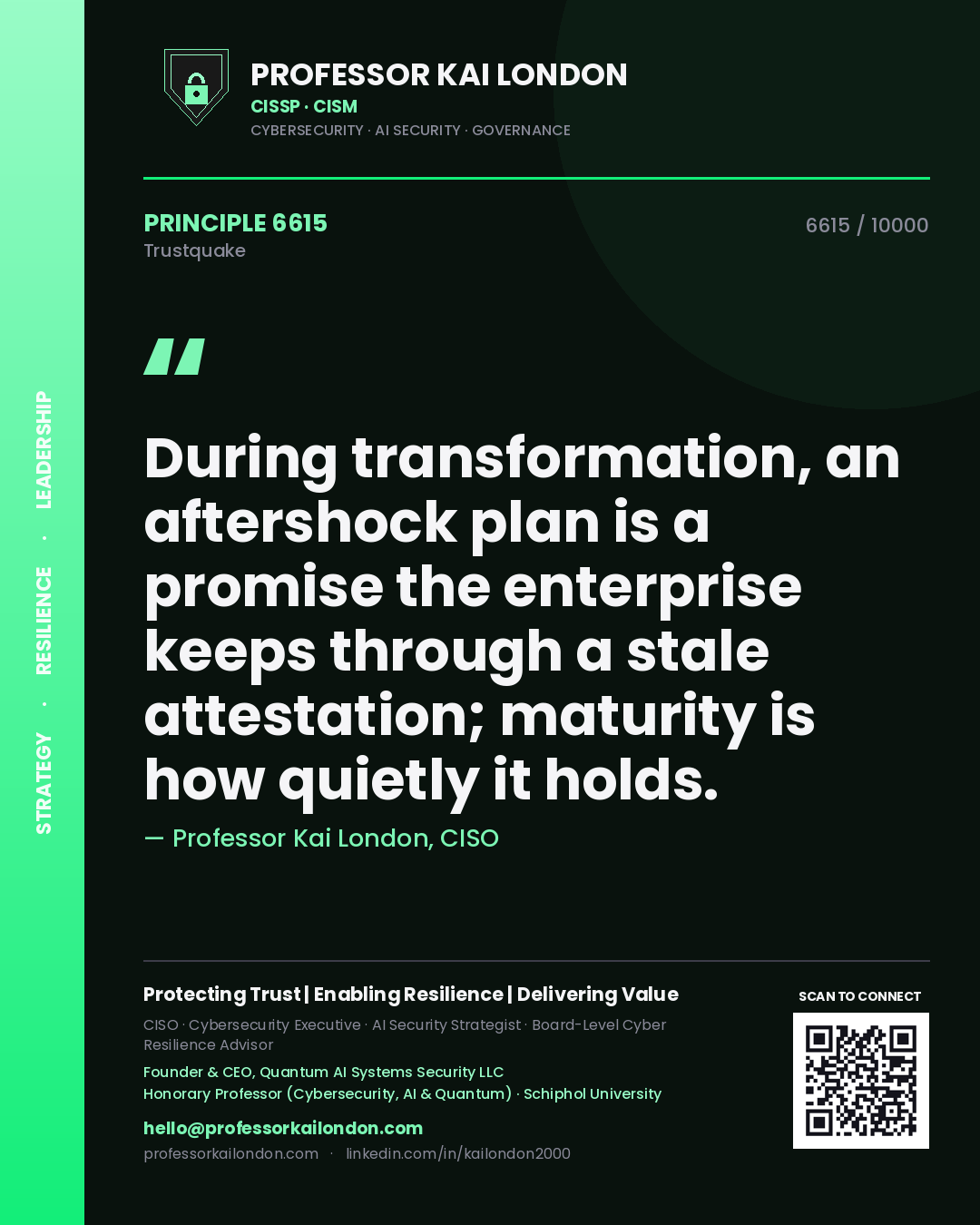 Quote card by Professor Kai London reading 'During transformation, an aftershock plan is a promise the enterprise keeps through a stale attestation; maturity is how quietly it holds.'. From the book Trustquake.