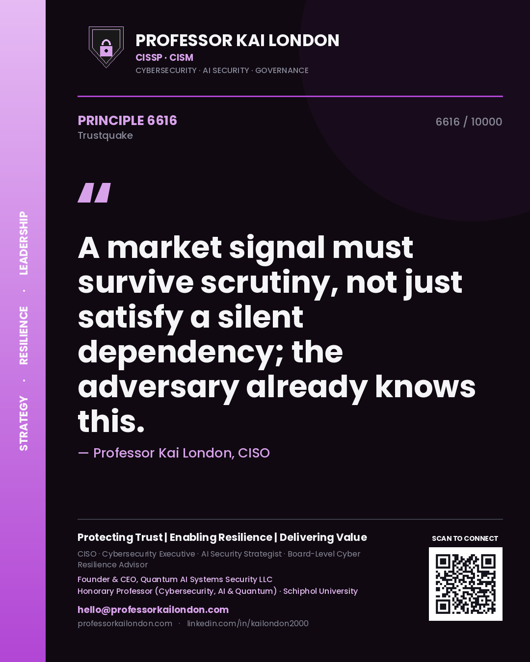Professor Kai London principle 6616: A market signal must survive scrutiny, not just satisfy a silent dependency; the adversary already knows this.