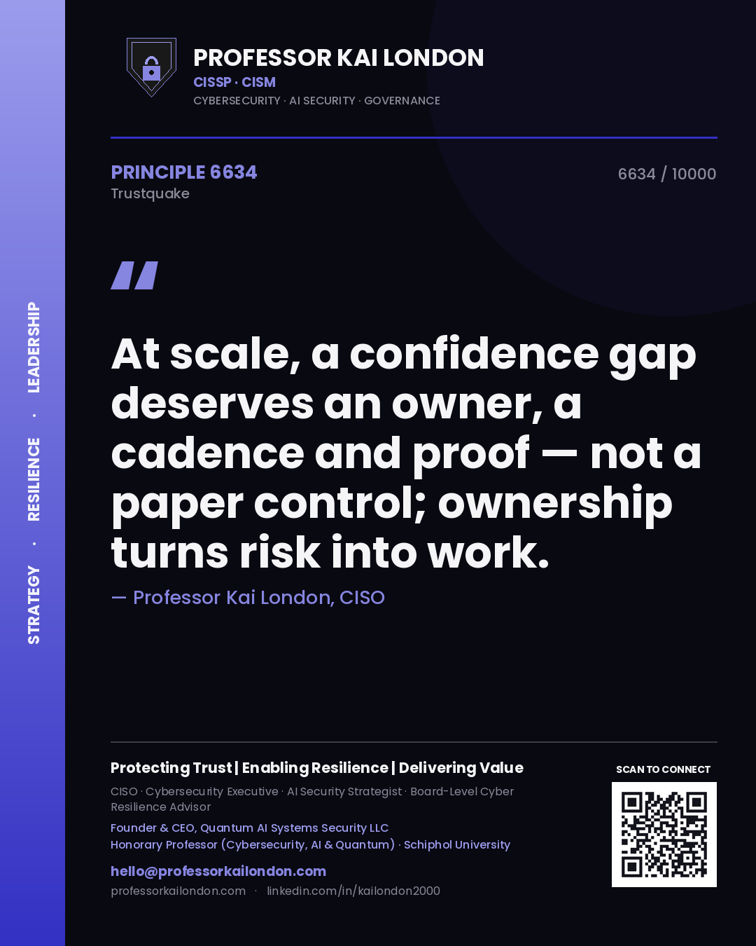 Professor Kai London principle 6634: At scale, a confidence gap deserves an owner, a cadence and proof — not a paper control; ownership turns risk into work.