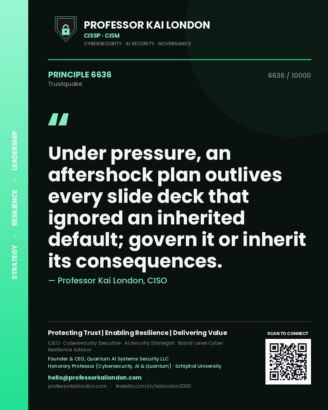 Quote card by Professor Kai London reading 'Under pressure, an aftershock plan outlives every slide deck that ignored an inherited default; govern it or inherit its consequences.'. From the book Trustquake.
