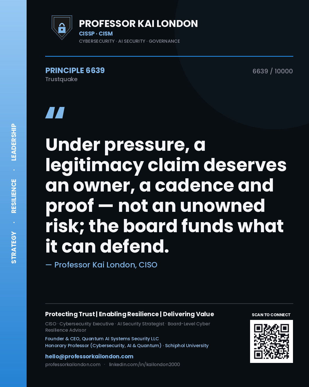 Quote card by Professor Kai London reading 'Under pressure, a legitimacy claim deserves an owner, a cadence and proof — not an unowned risk; the board funds what it can defend.'. From the book Trustquake.