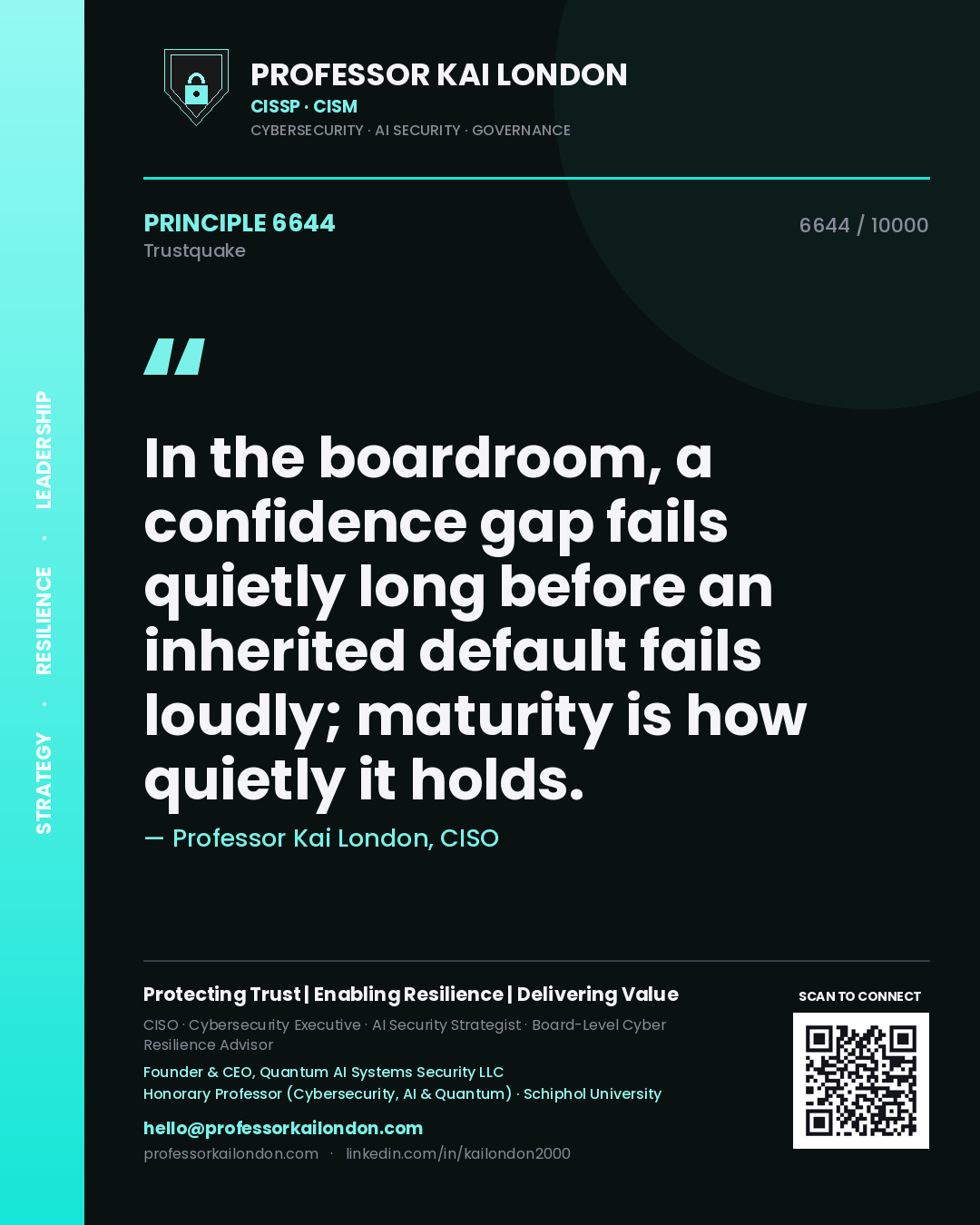 Quote card by Professor Kai London reading 'In the boardroom, a confidence gap fails quietly long before an inherited default fails loudly; maturity is how quietly it holds.'. From the book Trustquake.