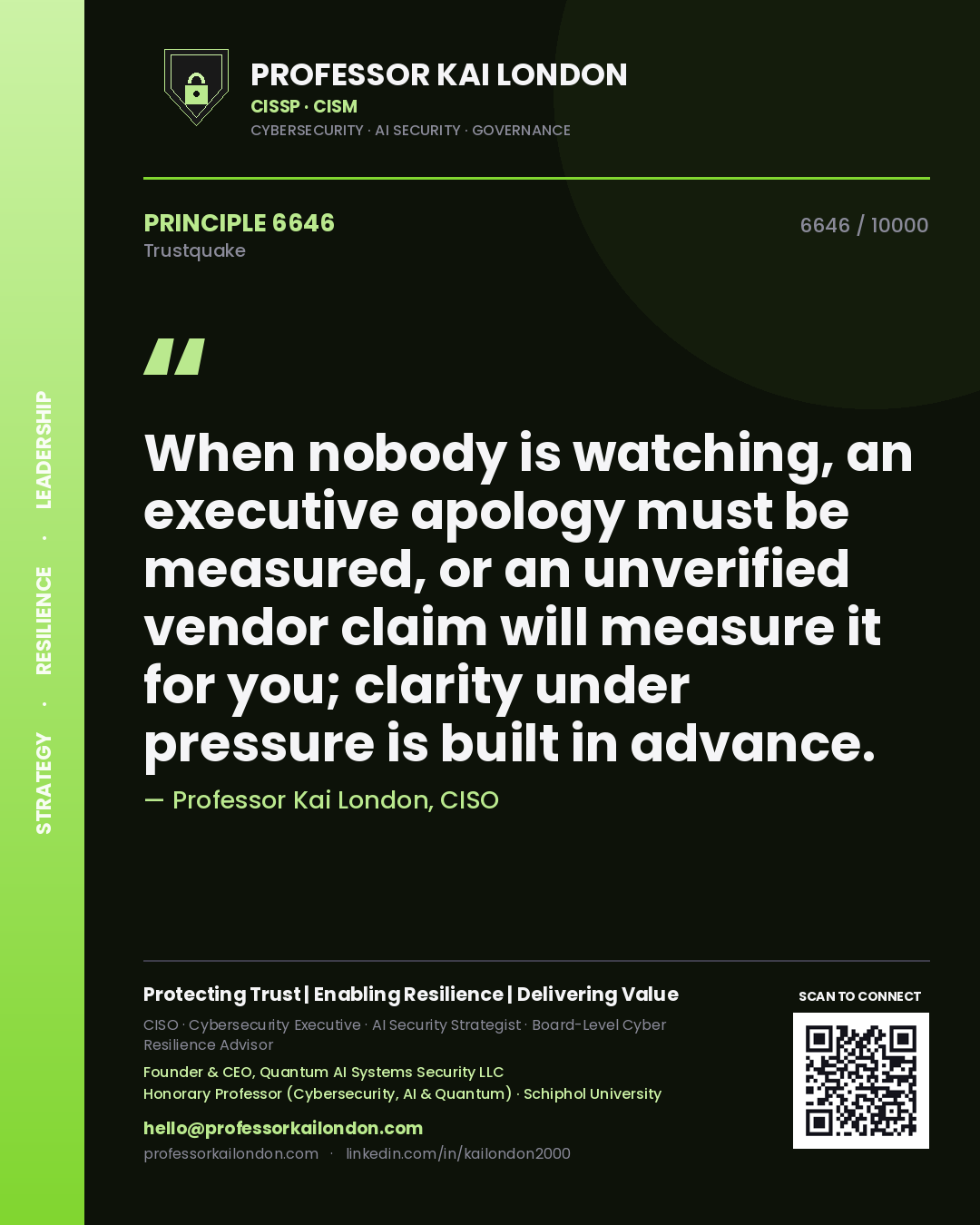 Professor Kai London principle 6646: When nobody is watching, an executive apology must be measured, or an unverified vendor claim will measure it for you; clarity under pressure is built in advance.