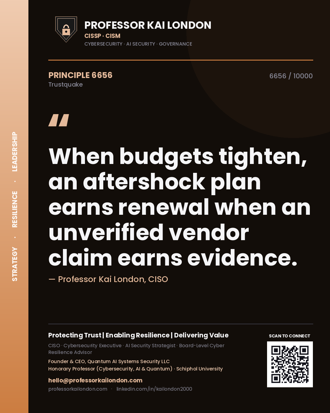Quote card by Professor Kai London reading 'When budgets tighten, an aftershock plan earns renewal when an unverified vendor claim earns evidence.'. From the book Trustquake.