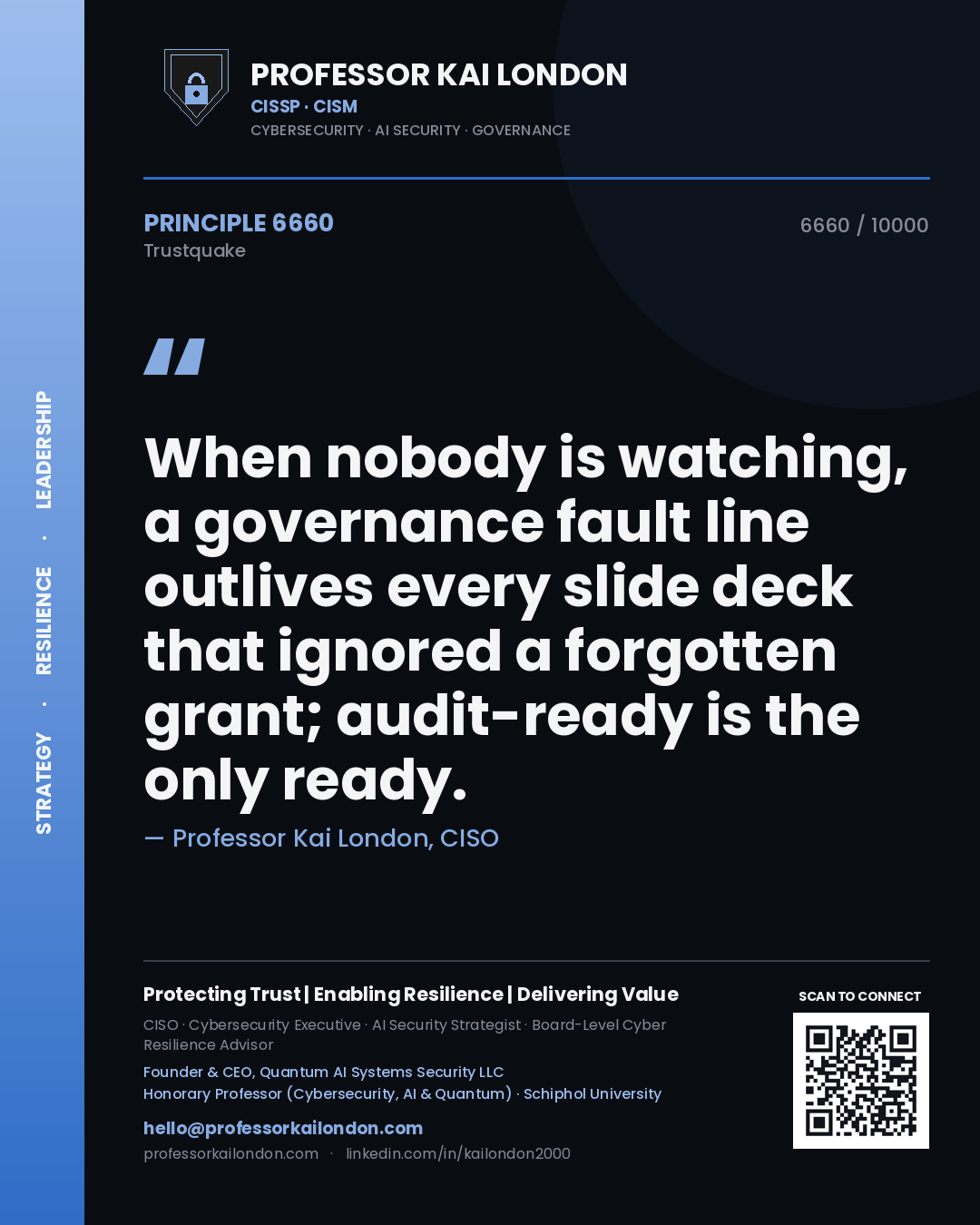 Professor Kai London principle 6660: When nobody is watching, a governance fault line outlives every slide deck that ignored a forgotten grant; audit-ready is the only ready.