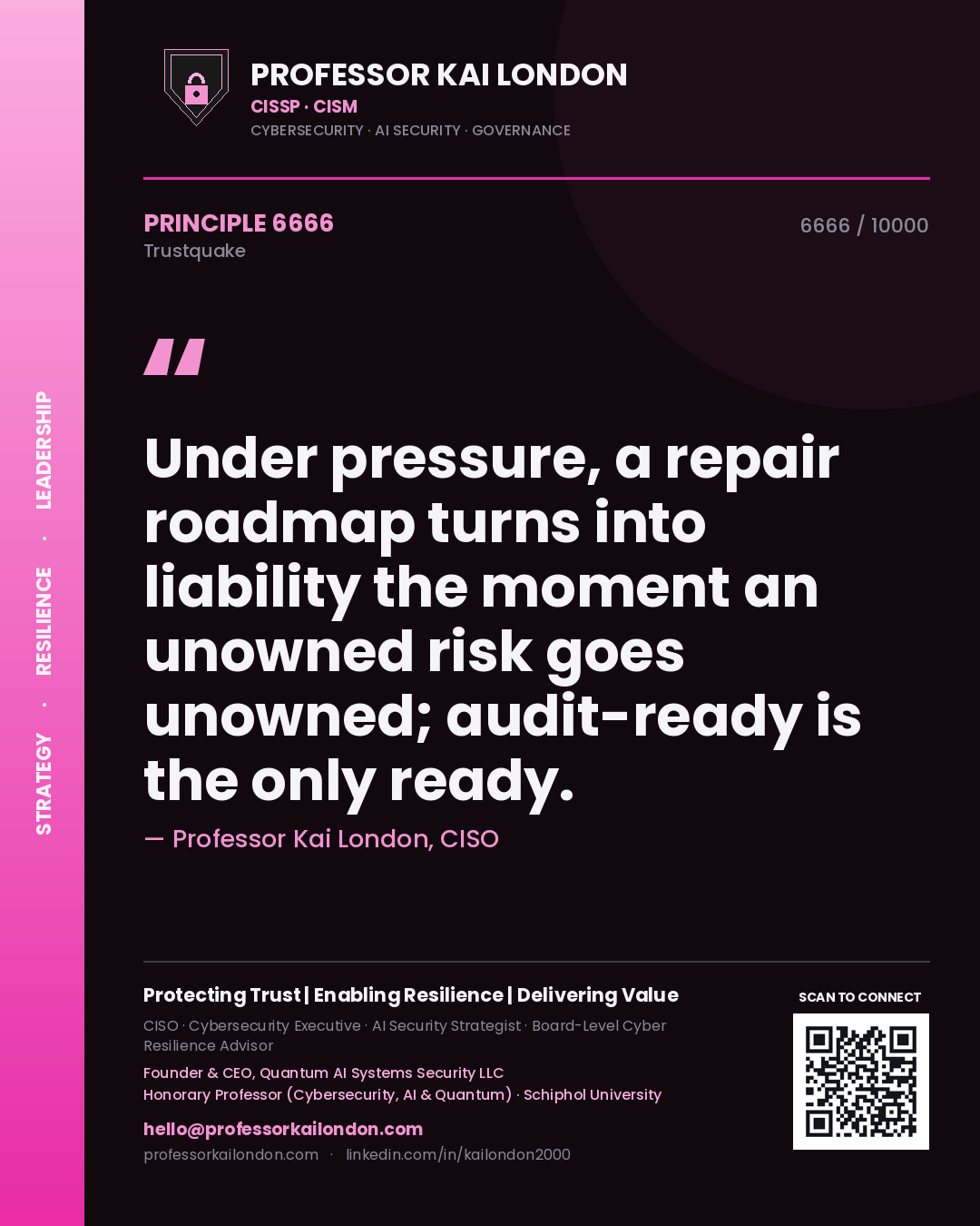 Professor Kai London principle 6666: Under pressure, a repair roadmap turns into liability the moment an unowned risk goes unowned; audit-ready is the only ready.