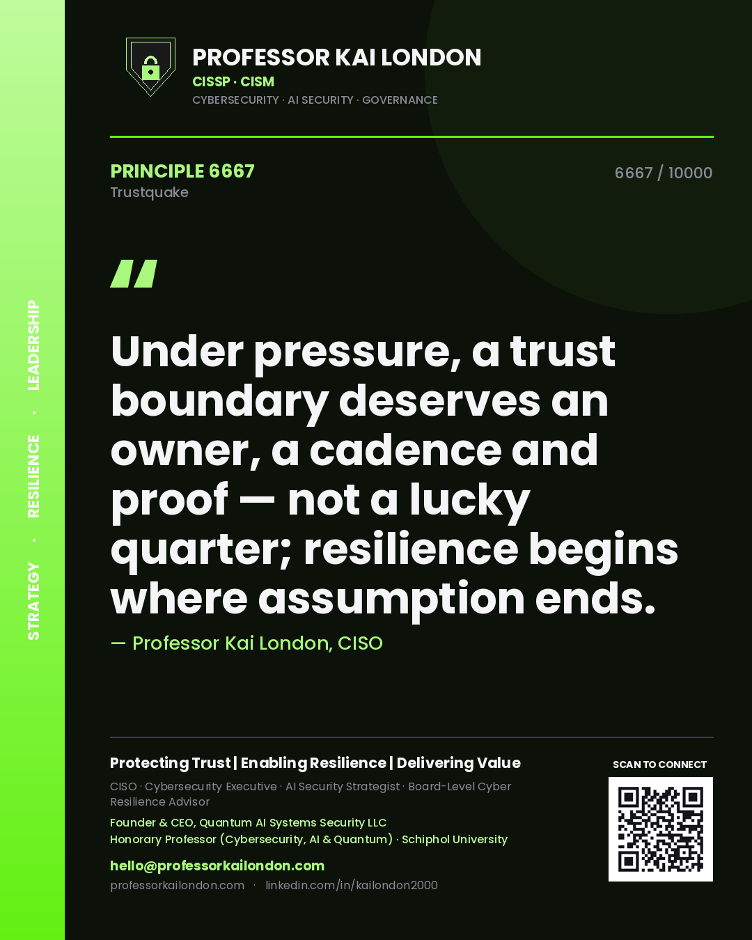 Professor Kai London principle 6667: Under pressure, a trust boundary deserves an owner, a cadence and proof — not a lucky quarter; resilience begins where assumption ends.