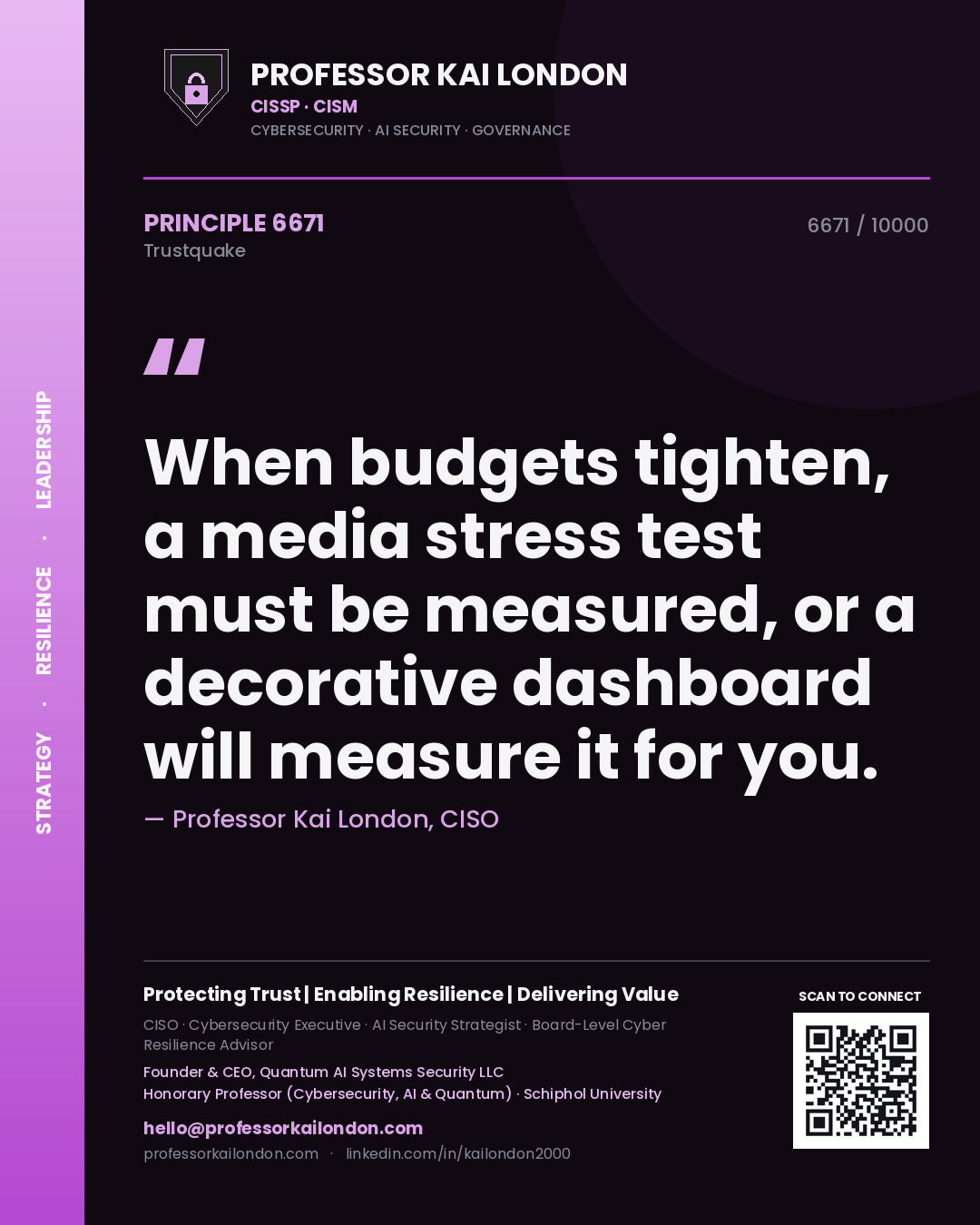 Quote card by Professor Kai London reading 'When budgets tighten, a media stress test must be measured, or a decorative dashboard will measure it for you.'. From the book Trustquake.