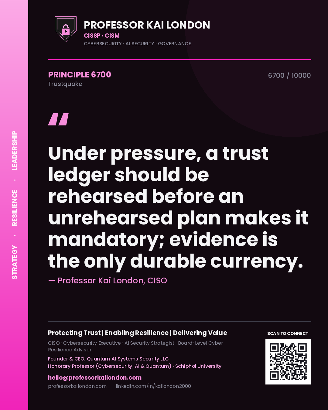Professor Kai London principle 6700: Under pressure, a trust ledger should be rehearsed before an unrehearsed plan makes it mandatory; evidence is the only durable currency.