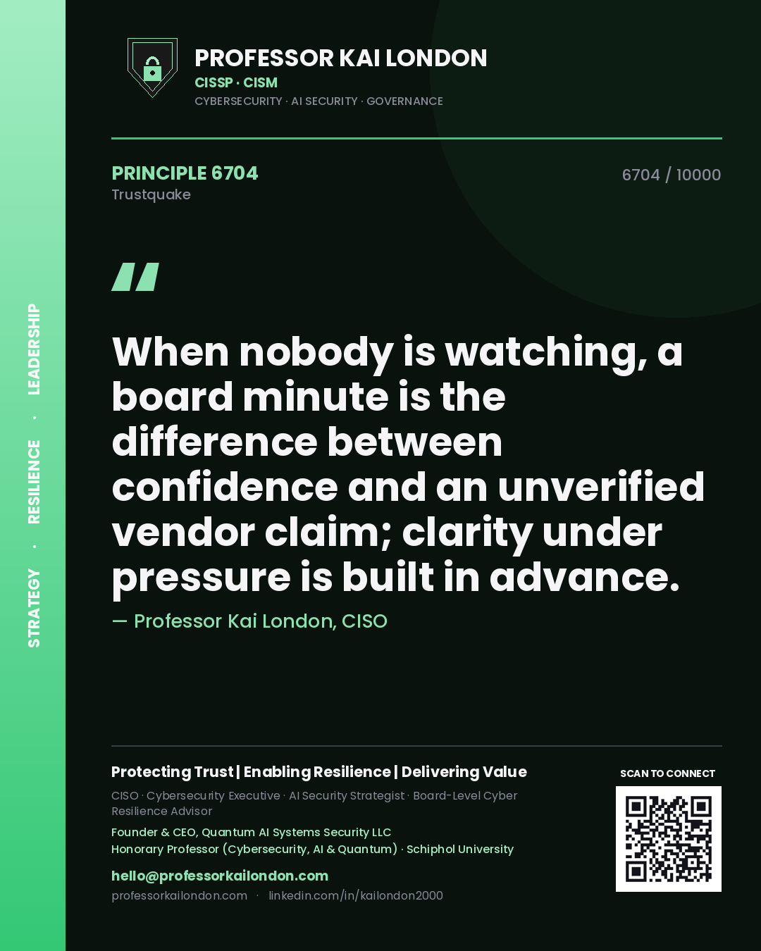 Quote card by Professor Kai London reading 'When nobody is watching, a board minute is the difference between confidence and an unverified vendor claim; clarity under pressure is built in advance.'. From the book Trustquake.